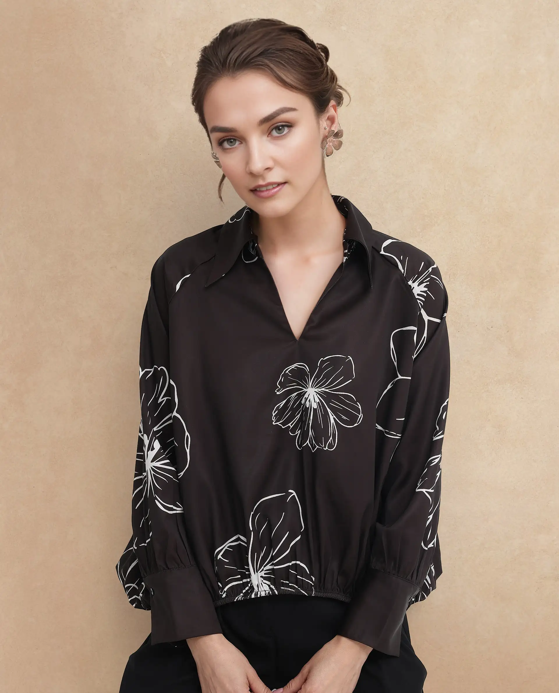 Rareism Women's Olin Sc Dark Brown Satin Drop Collar Floral Print Raglan Sleeve Regular Fit Top - Image 4