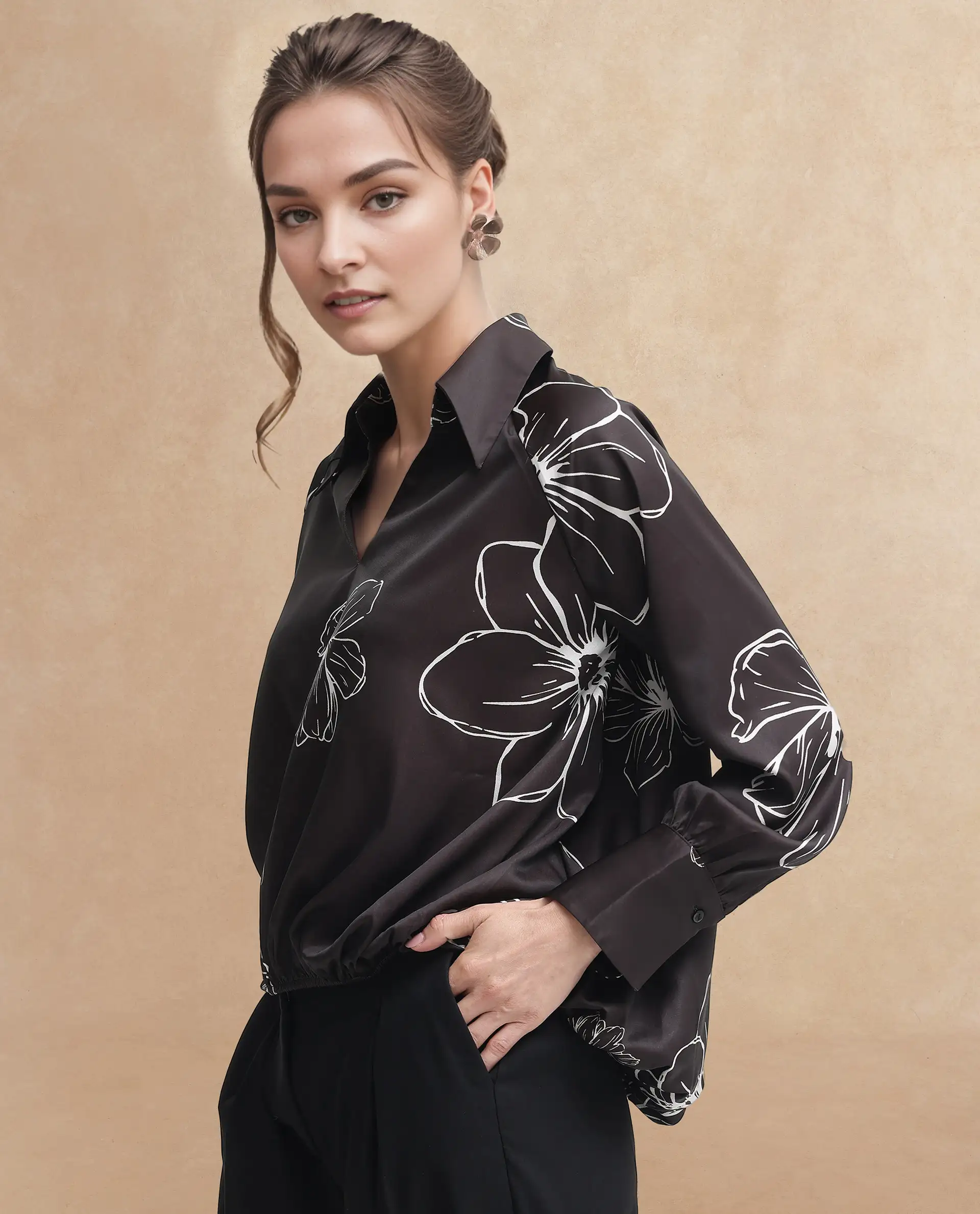 Rareism Women's Olin Sc Dark Brown Satin Drop Collar Floral Print Raglan Sleeve Regular Fit Top - Image 5