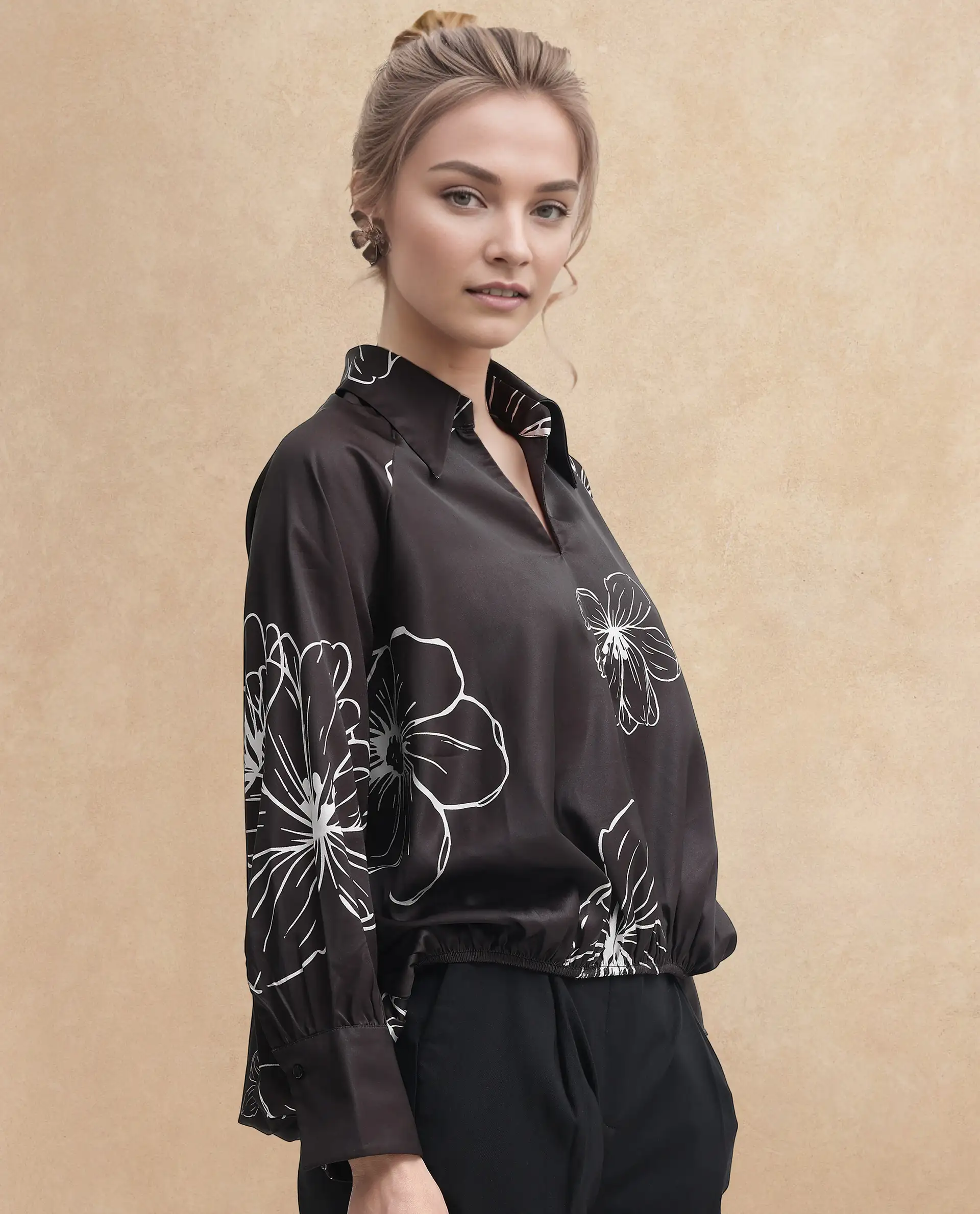 Rareism Women's Olin Sc Dark Brown Satin Drop Collar Floral Print Raglan Sleeve Regular Fit Top - Image 6