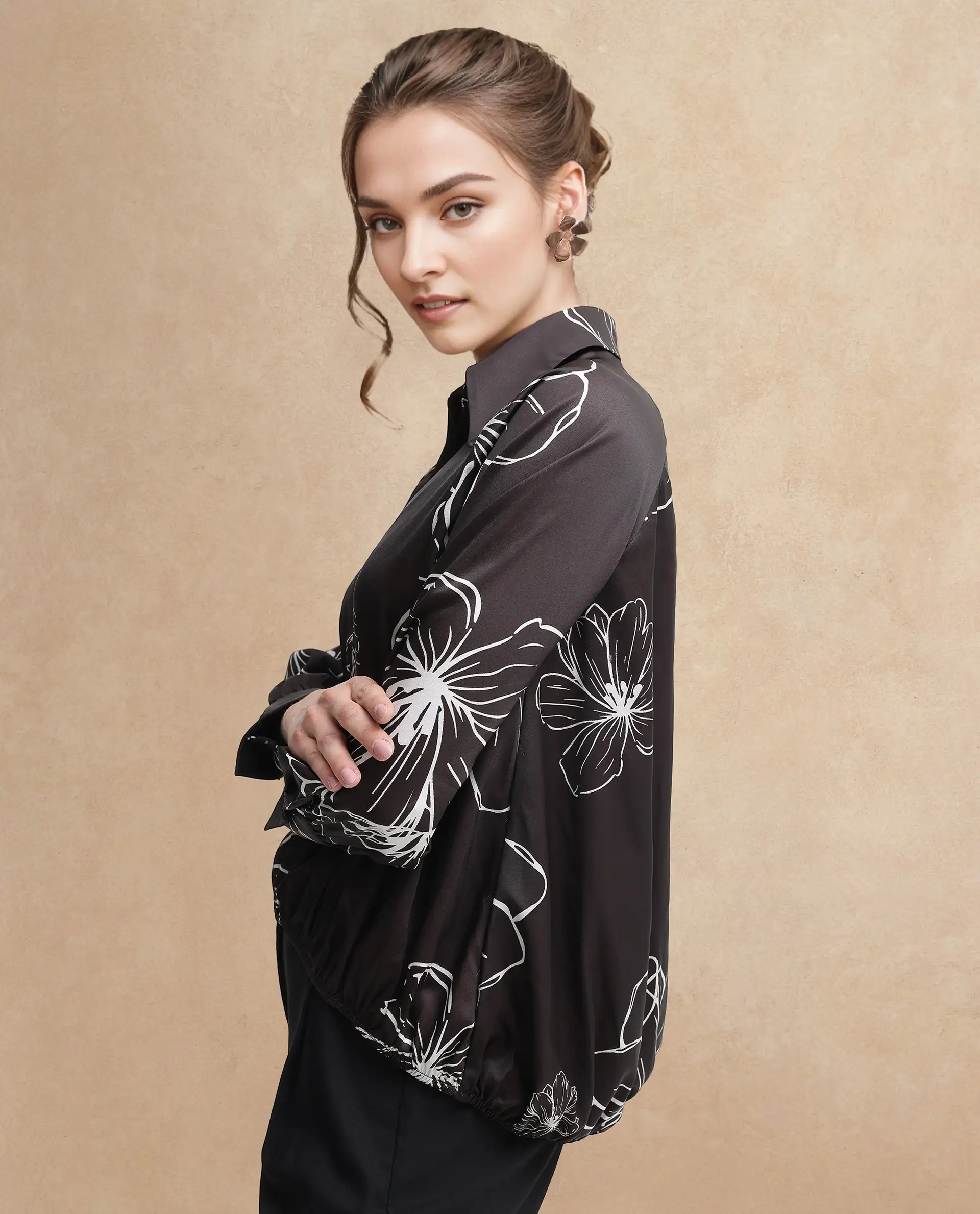 Rareism Women's Olin Sc Dark Brown Satin Drop Collar Floral Print Raglan Sleeve Regular Fit Top - Image 7