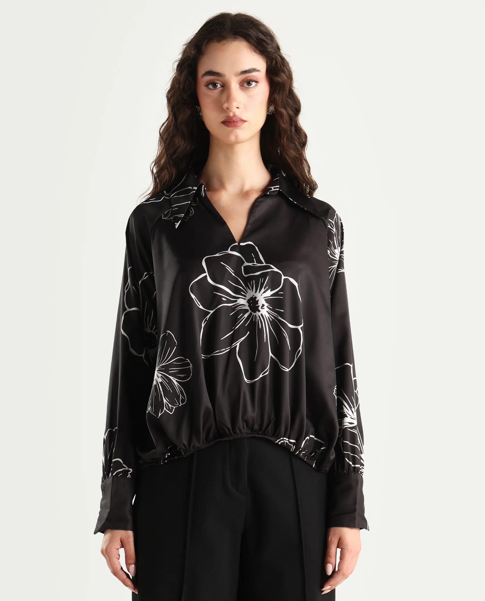 Rareism Women's Olin Dark Brown Polyester Drop Collar Floral Print Raglan Sleeve Regular Fit Top - Image 3