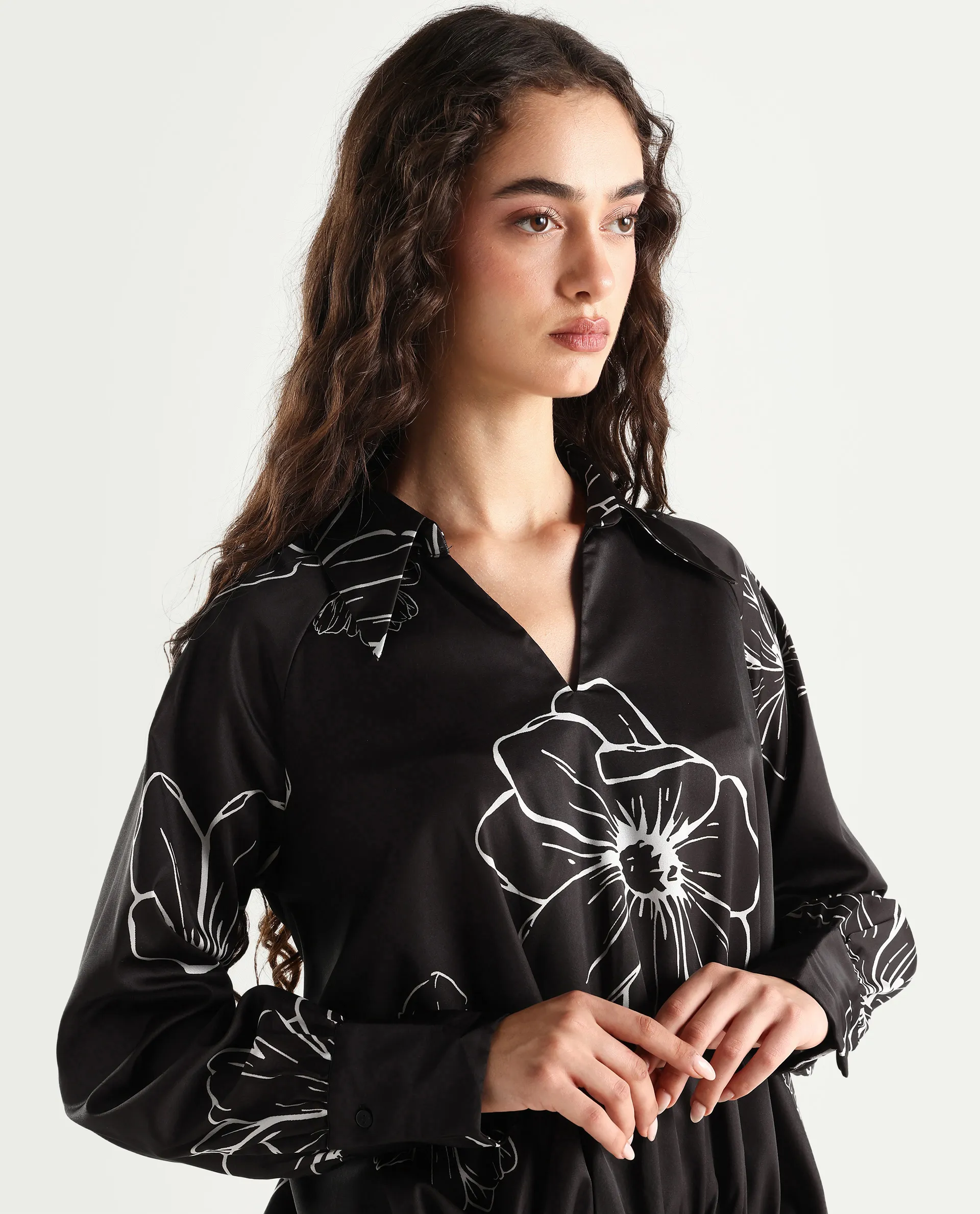 Rareism Women's Olin Dark Brown Polyester Drop Collar Floral Print Raglan Sleeve Regular Fit Top - Image 4