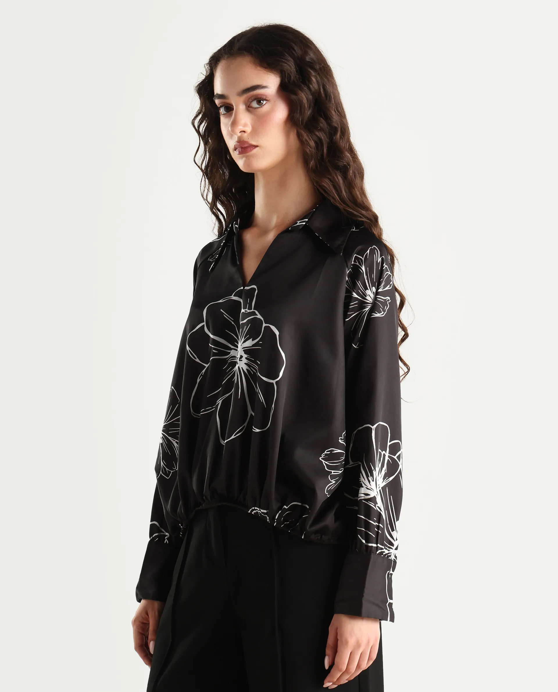 Rareism Women's Olin Dark Brown Polyester Drop Collar Floral Print Raglan Sleeve Regular Fit Top - Image 5