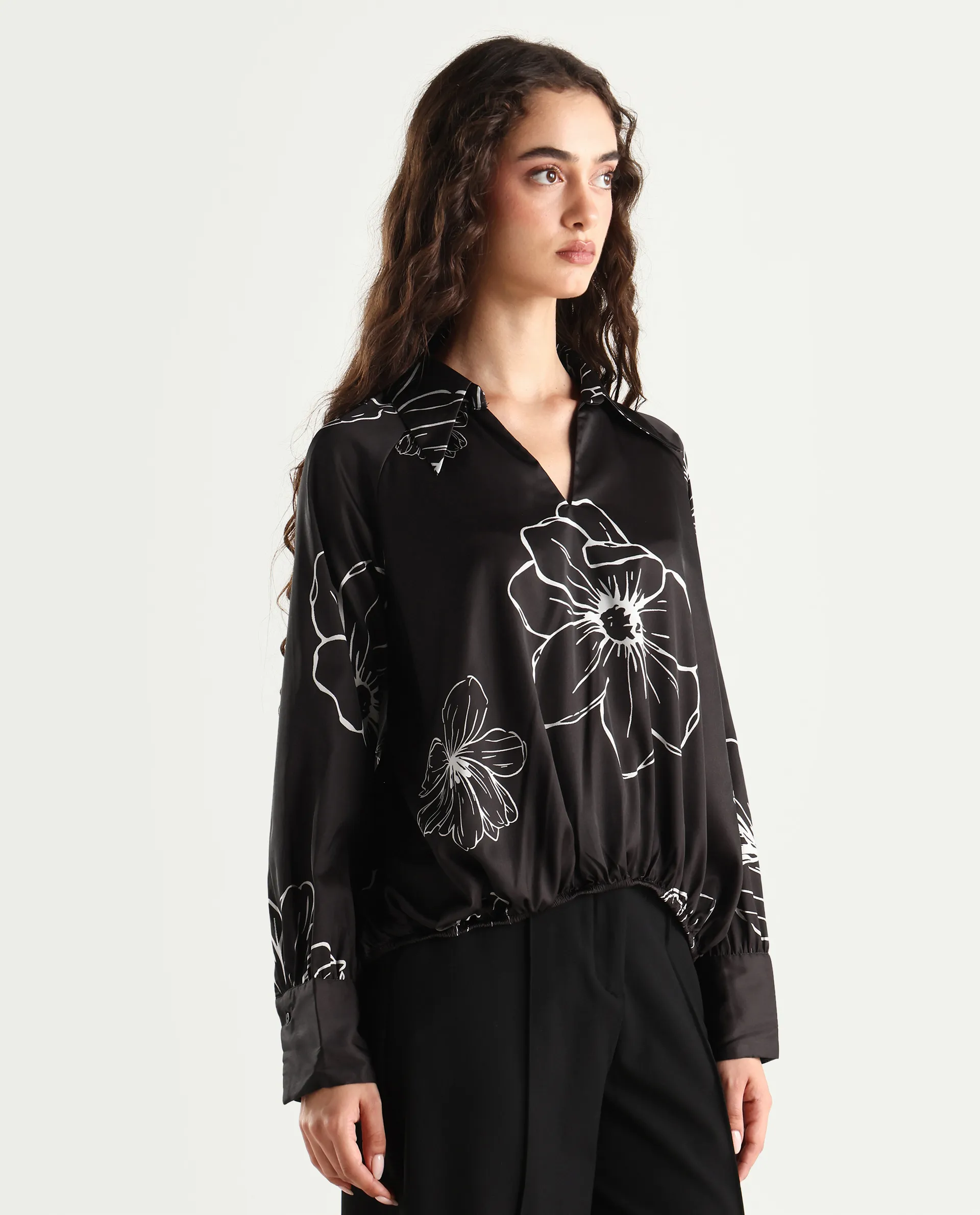 Rareism Women's Olin Dark Brown Polyester Drop Collar Floral Print Raglan Sleeve Regular Fit Top - Image 6