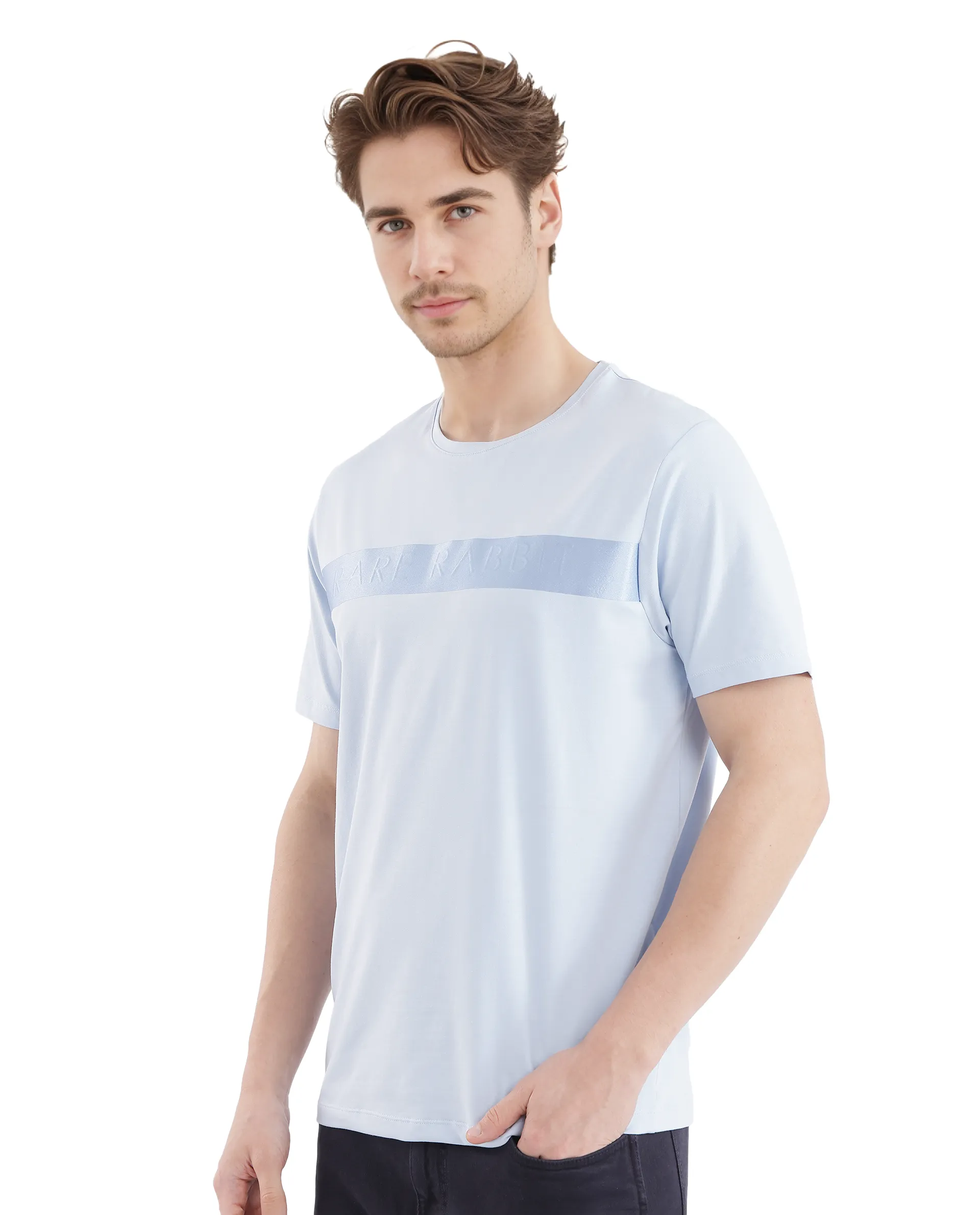 Rare Rabbit Men's Olios-1 Light Blue Cotton Graphic Print Regular Fit Half Sleeve Crew Neck T-Shirt - Image 5