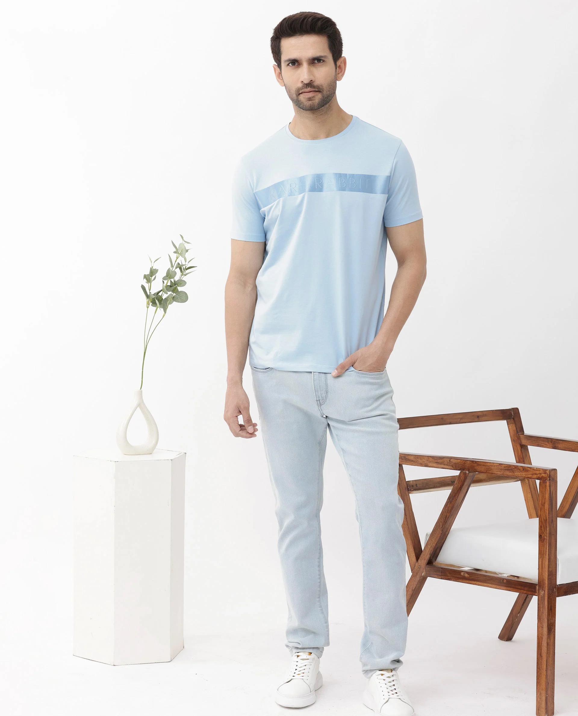 Rare Rabbit Men's Olios Light Blue Cotton Graphic Print Regular Fit Half Sleeve Crew Neck T-Shirt - Image 2