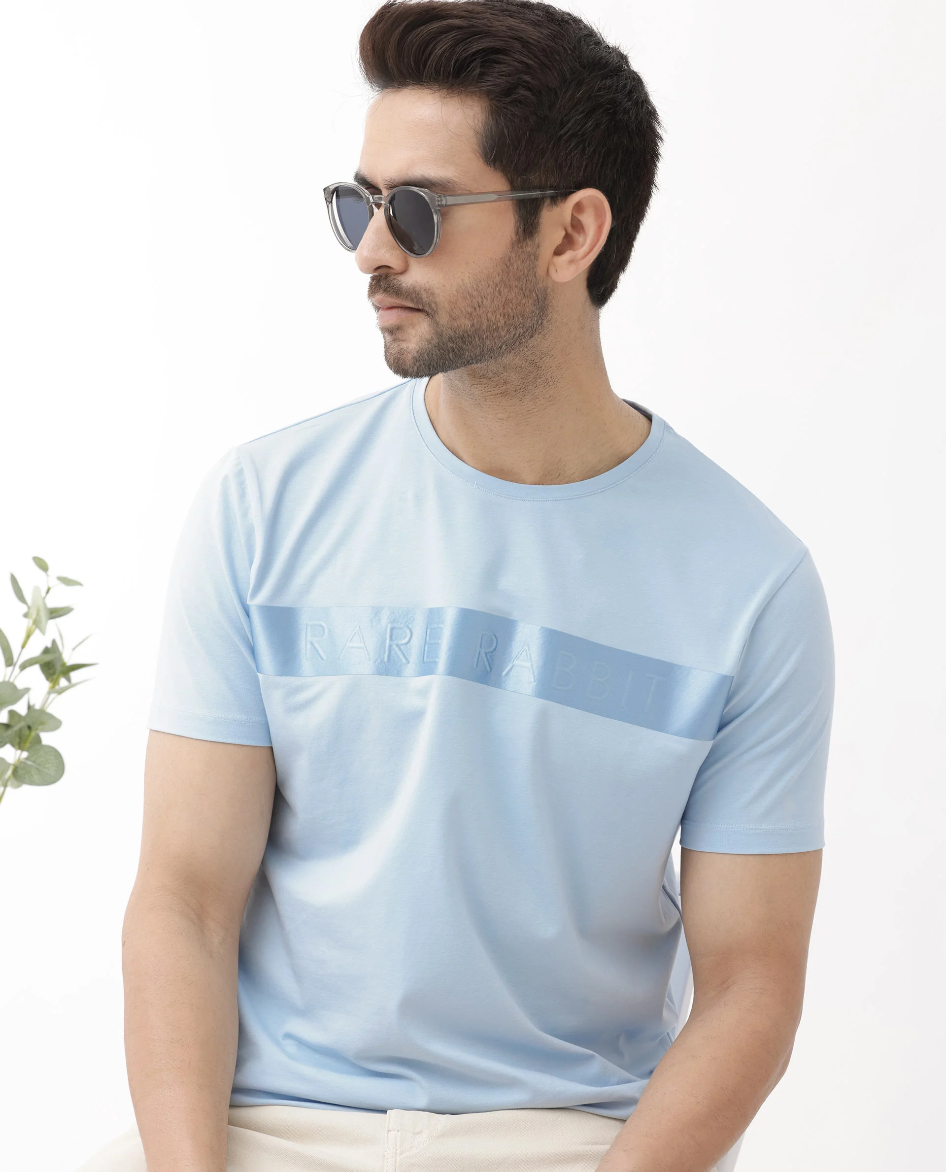 Rare Rabbit Men's Olios Light Blue Cotton Graphic Print Regular Fit Half Sleeve Crew Neck T-Shirt - Image 3