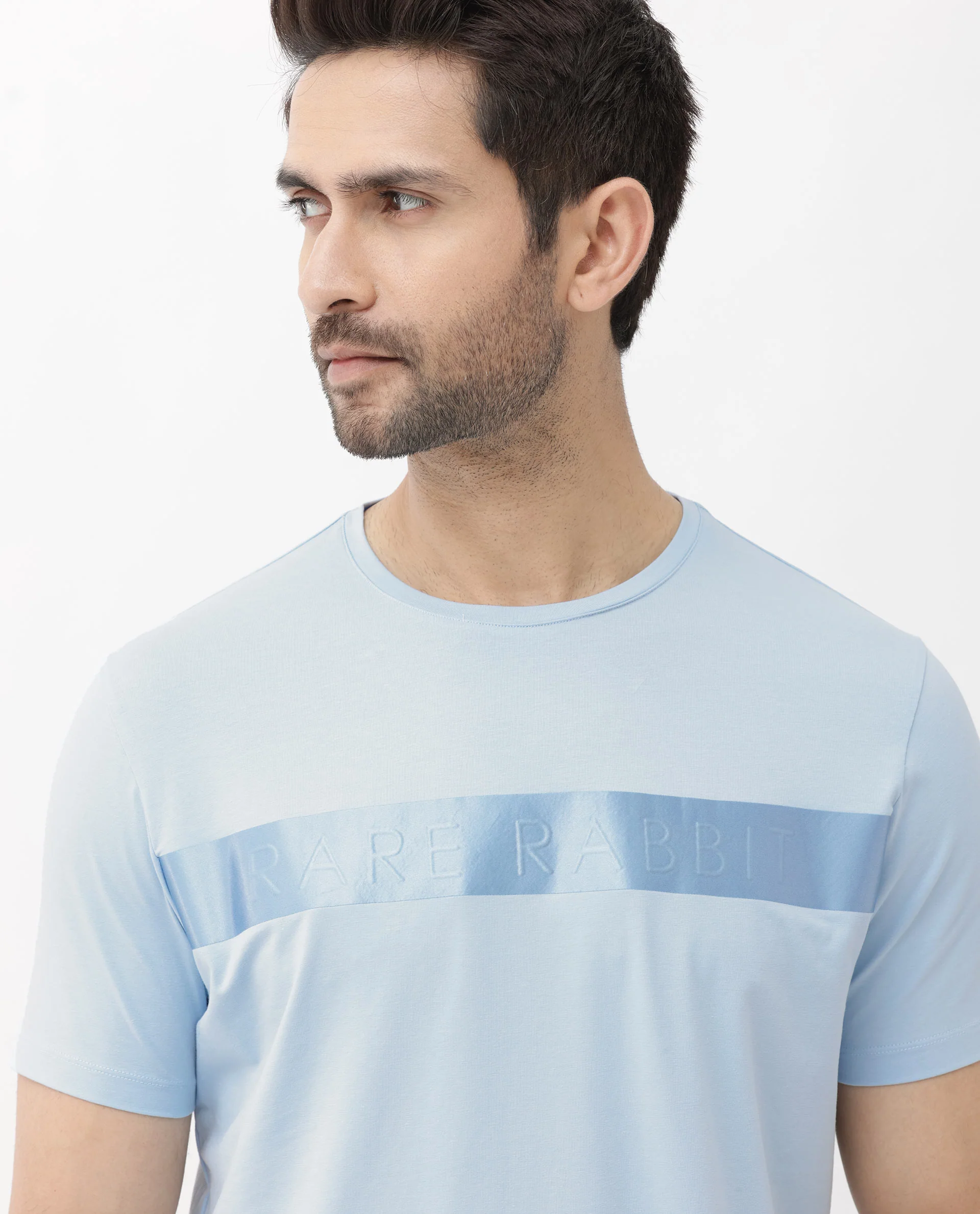 Rare Rabbit Men's Olios Light Blue Cotton Graphic Print Regular Fit Half Sleeve Crew Neck T-Shirt - Image 4