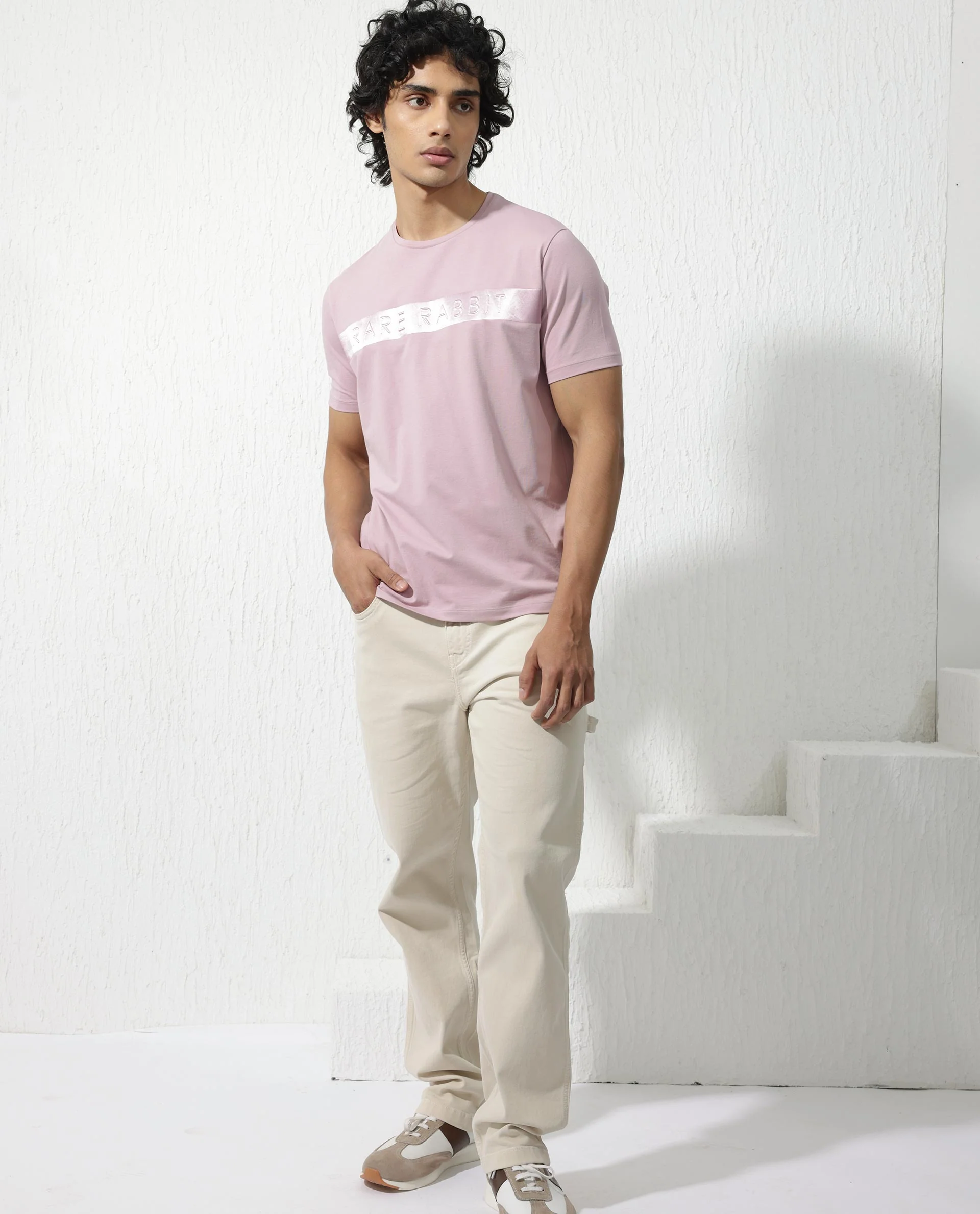 Rare Rabbit Men's Olios Light Pink Cotton Blend Graphic Print Regular Fit Half Sleeve Crew Neck T-Shirt - Image 2