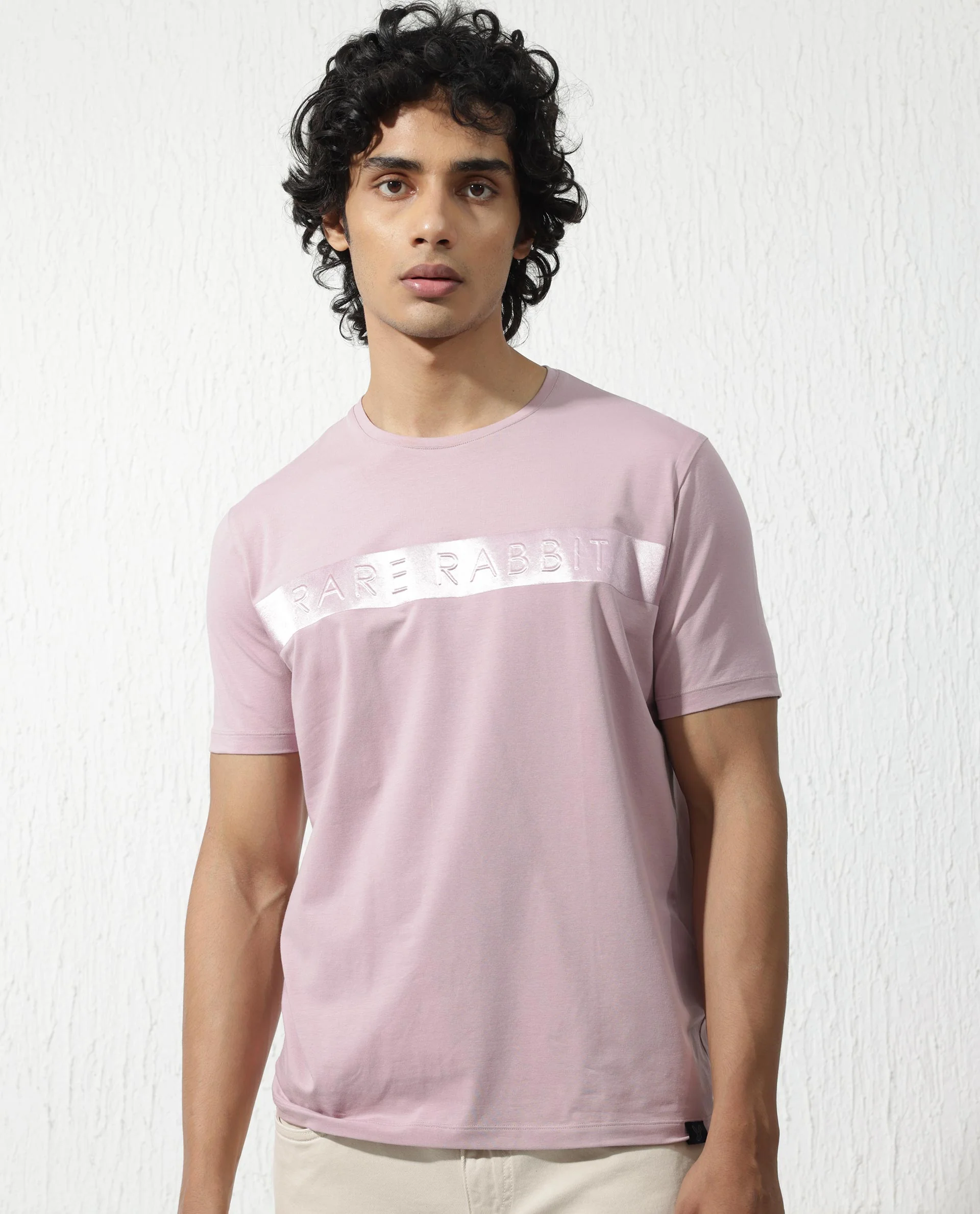 Rare Rabbit Men's Olios Light Pink Cotton Blend Graphic Print Regular Fit Half Sleeve Crew Neck T-Shirt - Image 4