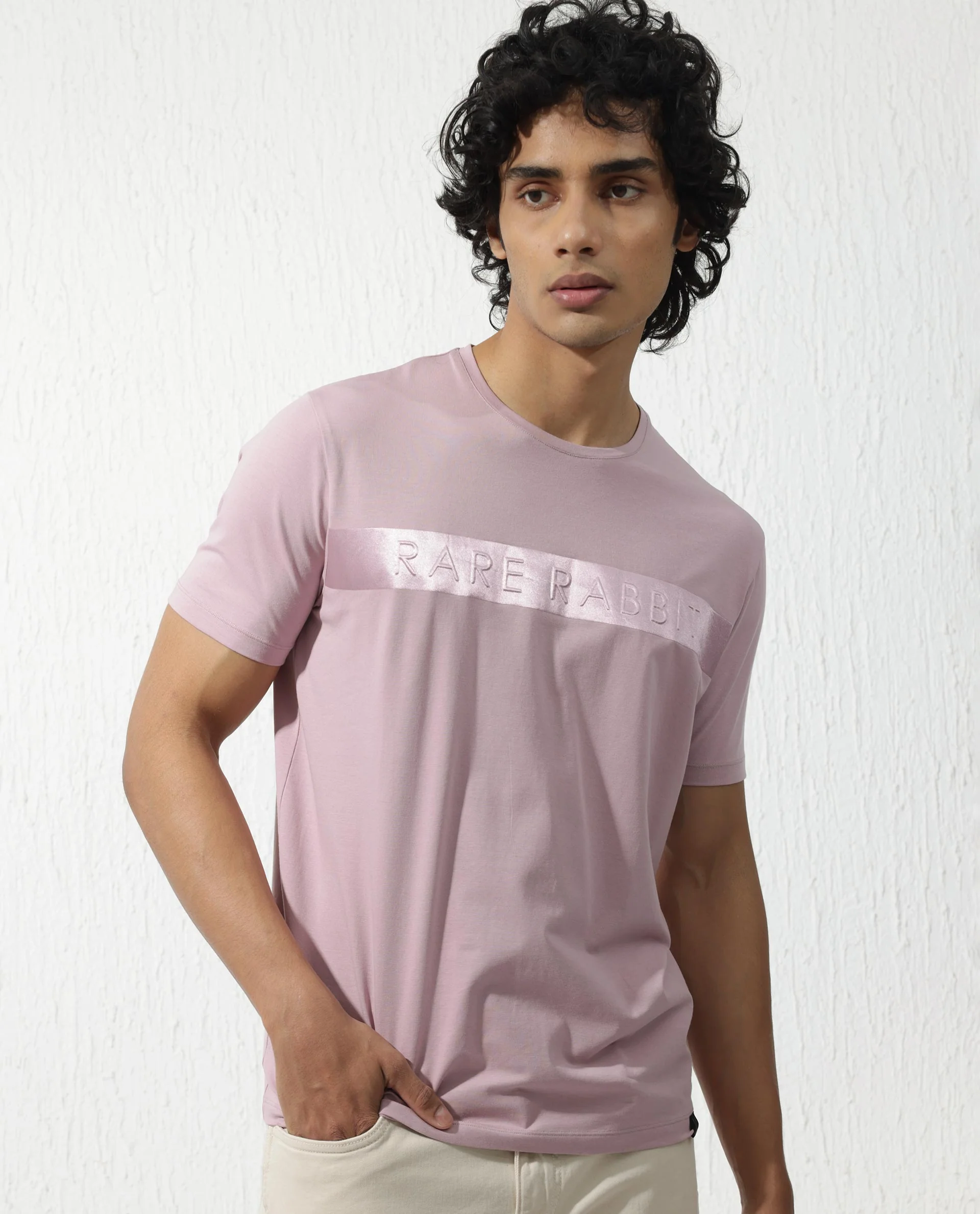Rare Rabbit Men's Olios Light Pink Cotton Blend Graphic Print Regular Fit Half Sleeve Crew Neck T-Shirt - Image 5