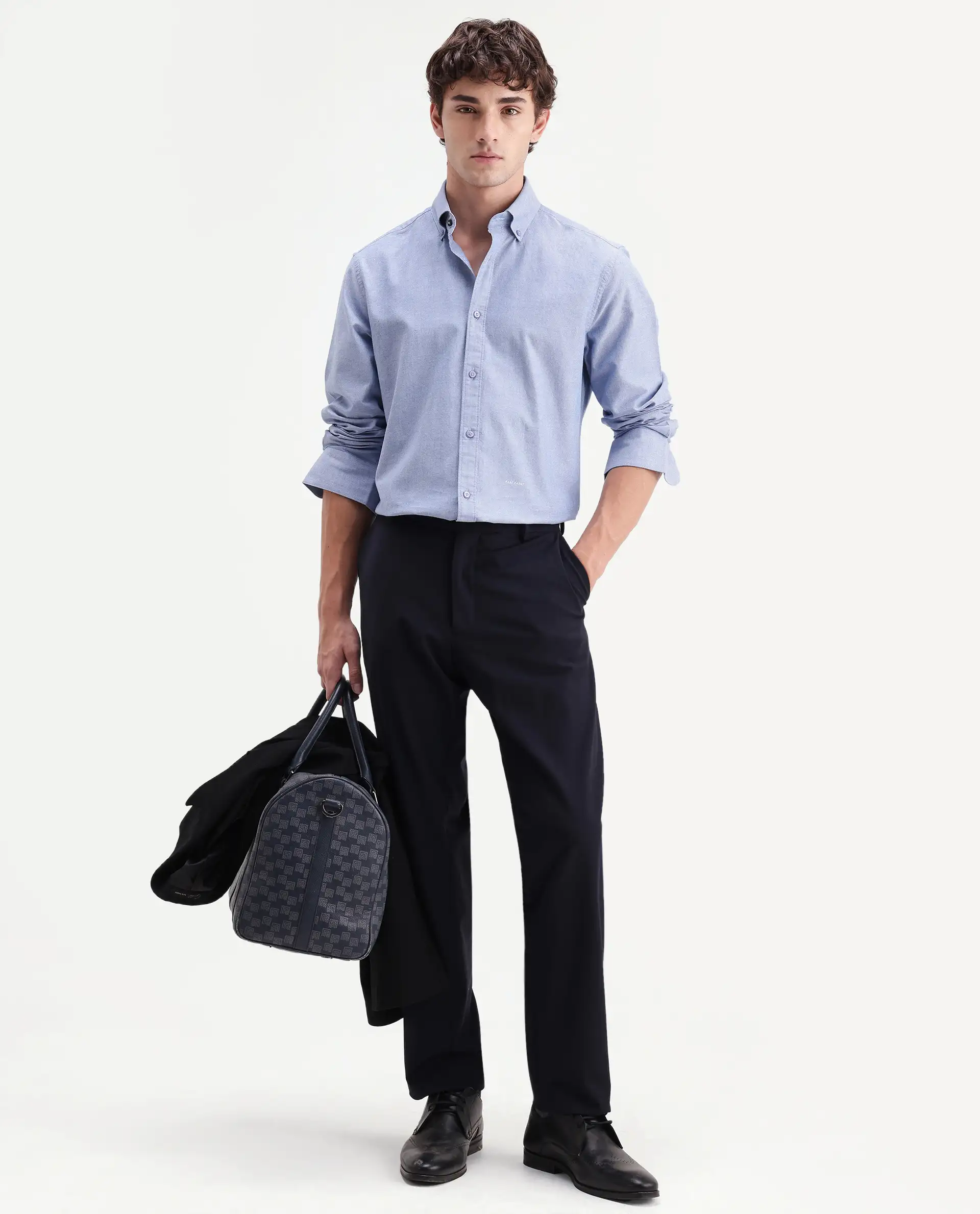 Rare Rabbit Men's Olise Blue Cotton Spread Collar Button Regular Fit Plain Shirt - Image 2