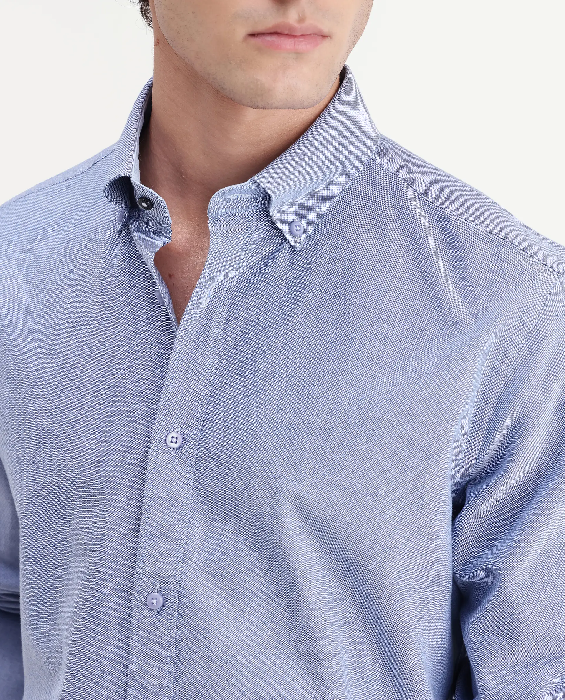 Rare Rabbit Men's Olise Blue Cotton Spread Collar Button Regular Fit Plain Shirt - Image 3