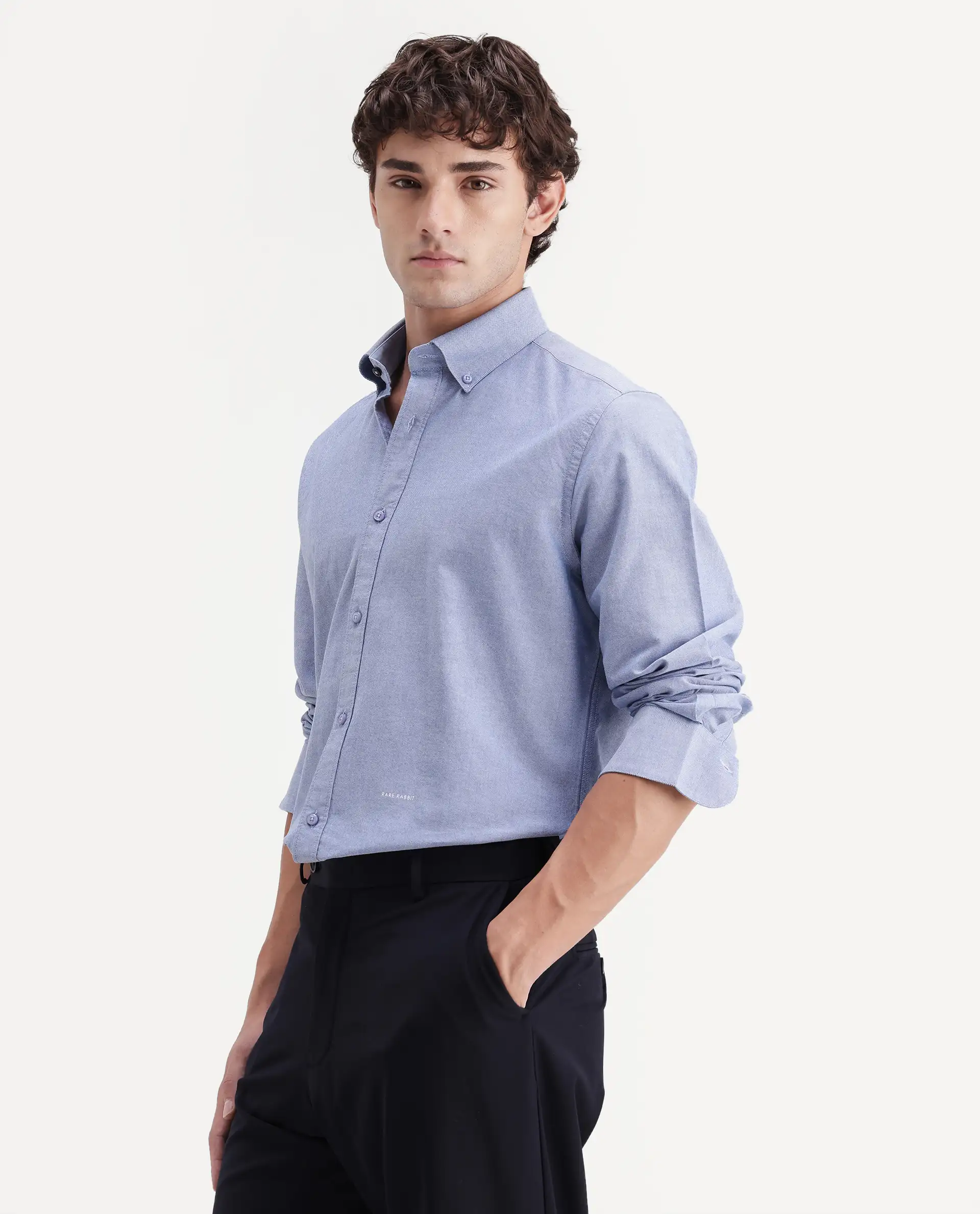 Rare Rabbit Men's Olise Blue Cotton Spread Collar Button Regular Fit Plain Shirt - Image 4