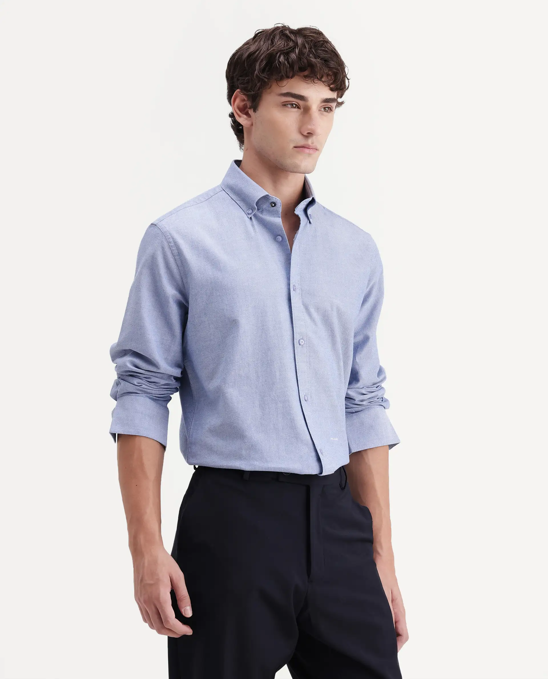 Rare Rabbit Men's Olise Blue Cotton Spread Collar Button Regular Fit Plain Shirt - Image 5