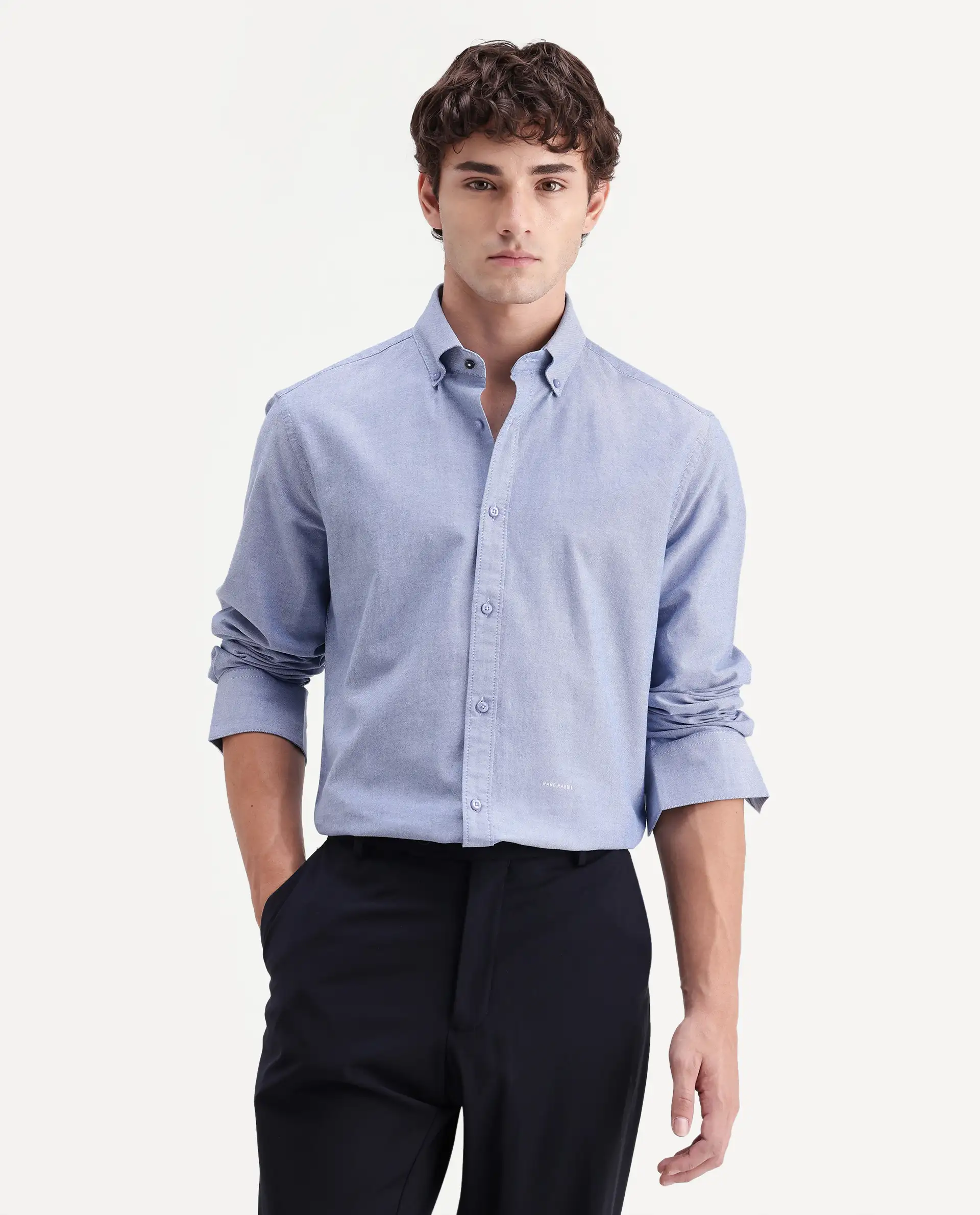 Rare Rabbit Men's Olise Blue Cotton Spread Collar Button Regular Fit Plain Shirt - Image 6