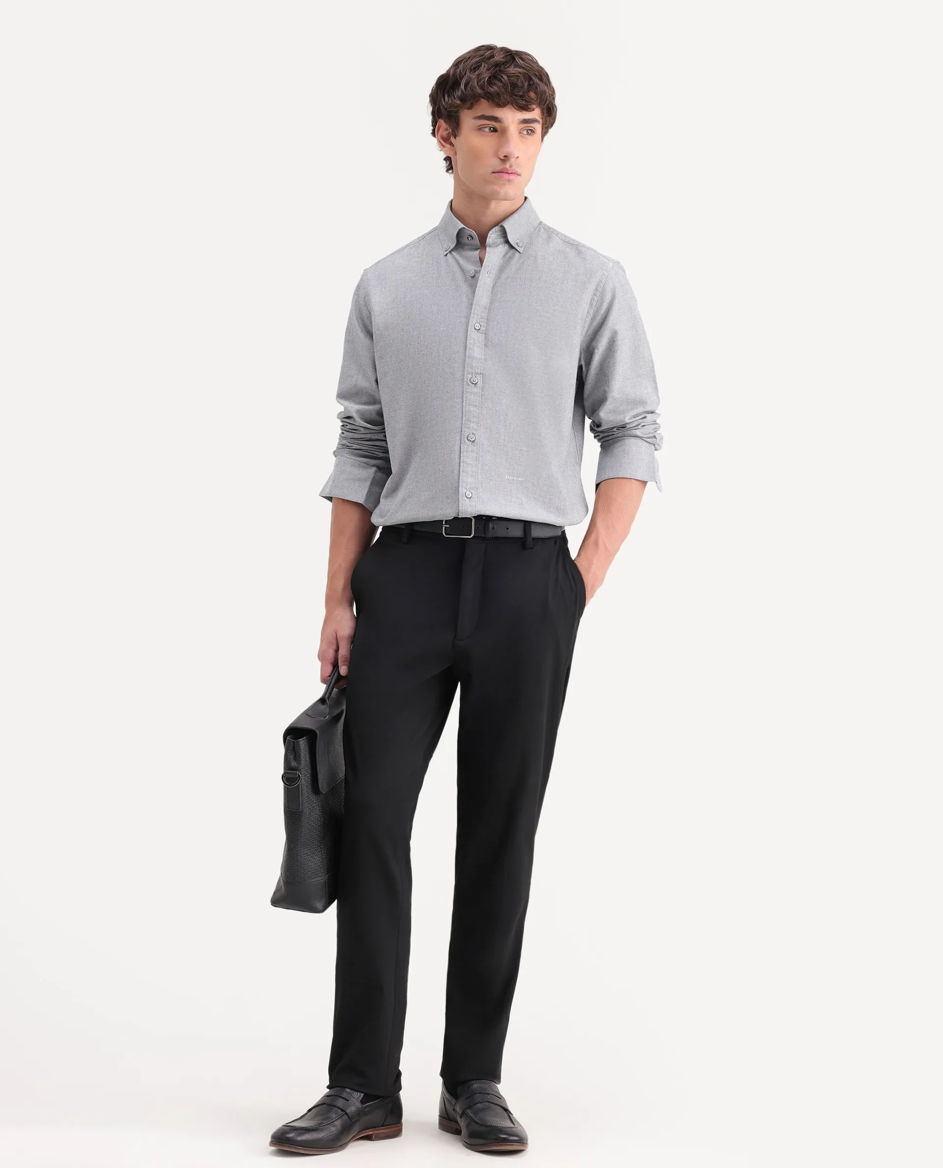 Rare Rabbit Men's Olise Grey Cotton Button-Down Collar Regular Fit Plain Shirt - Image 2