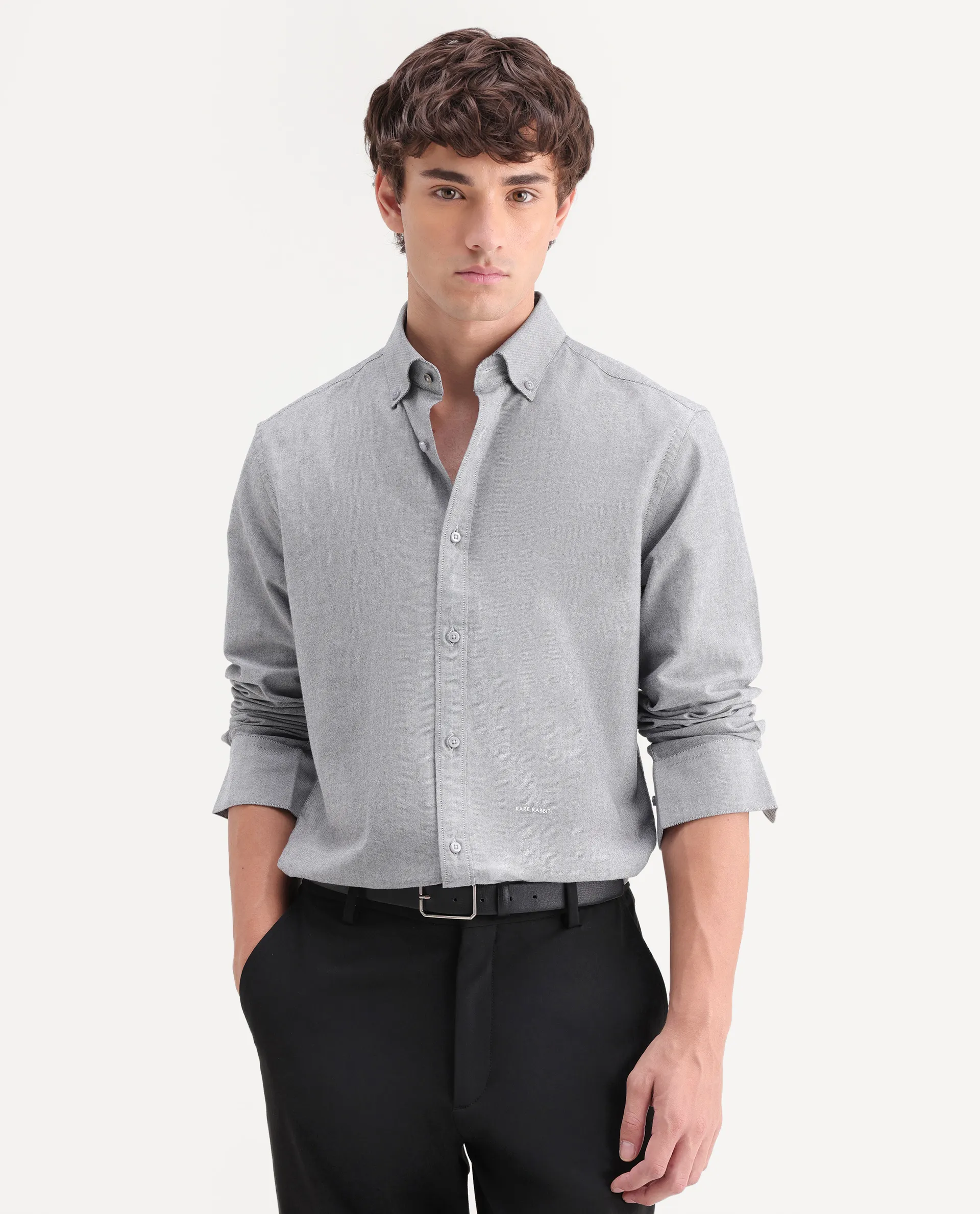 Rare Rabbit Men's Olise Grey Cotton Button-Down Collar Regular Fit Plain Shirt - Image 4
