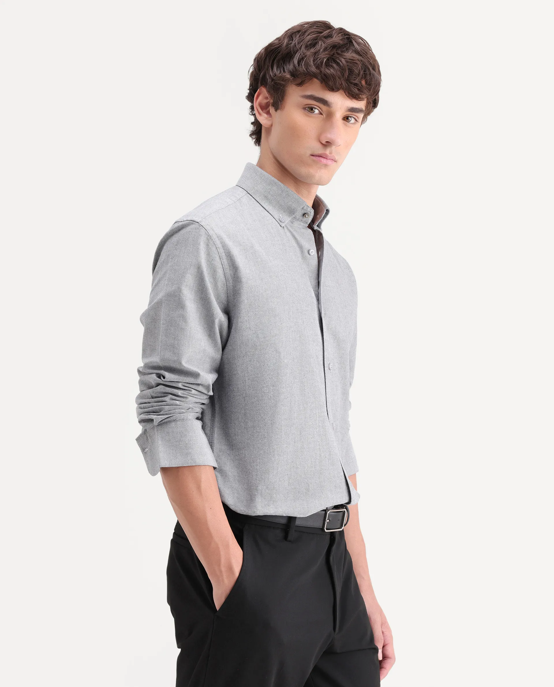 Rare Rabbit Men's Olise Grey Cotton Button-Down Collar Regular Fit Plain Shirt - Image 5