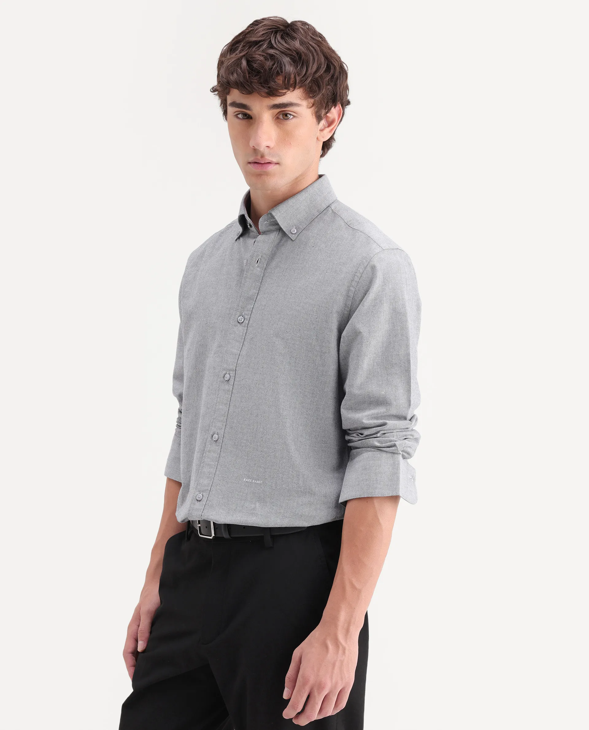 Rare Rabbit Men's Olise Grey Cotton Button-Down Collar Regular Fit Plain Shirt - Image 6