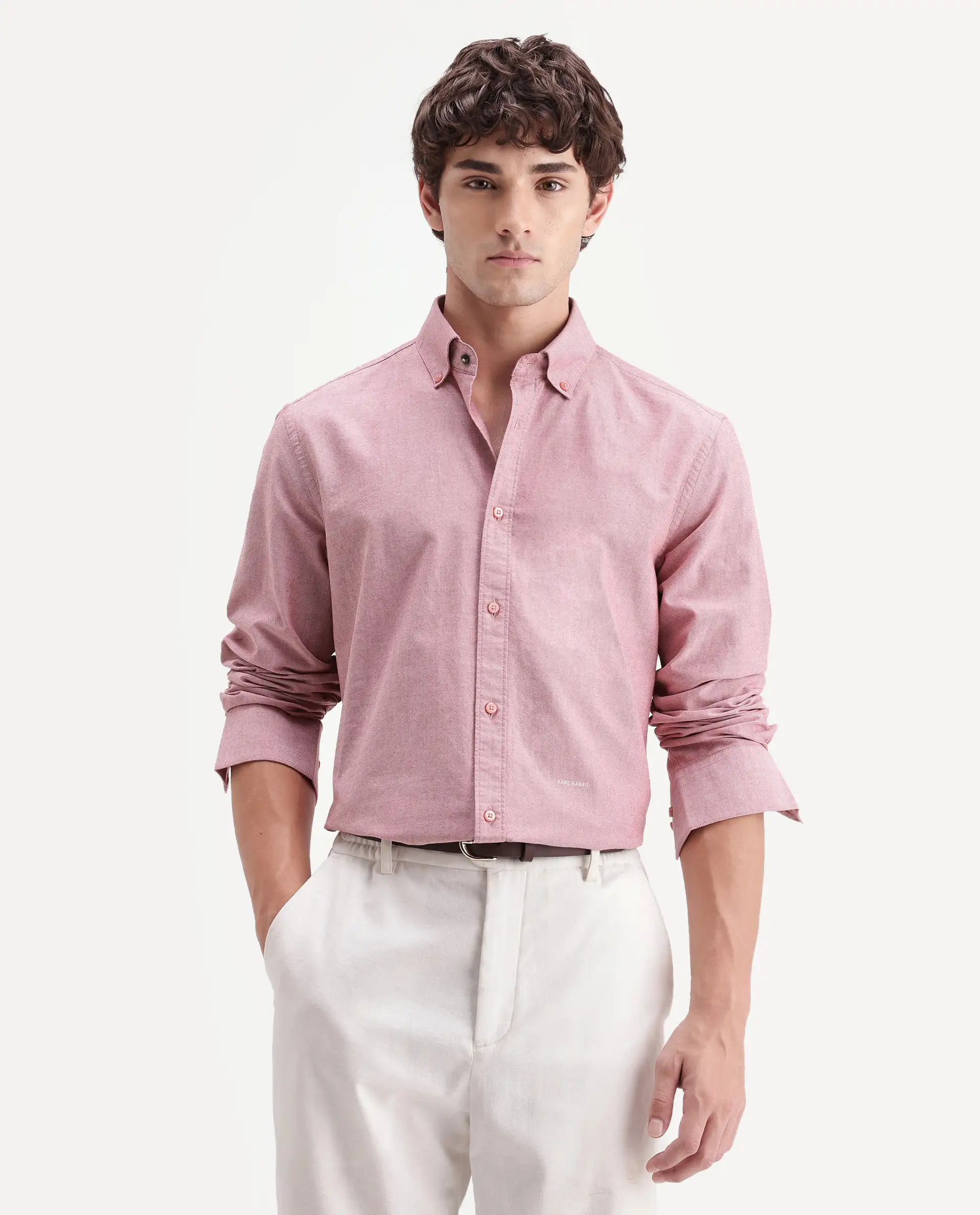 Rare Rabbit Men's Olise Red Cotton Button-Down Collar Regular Fit Plain Shirt - Image 4