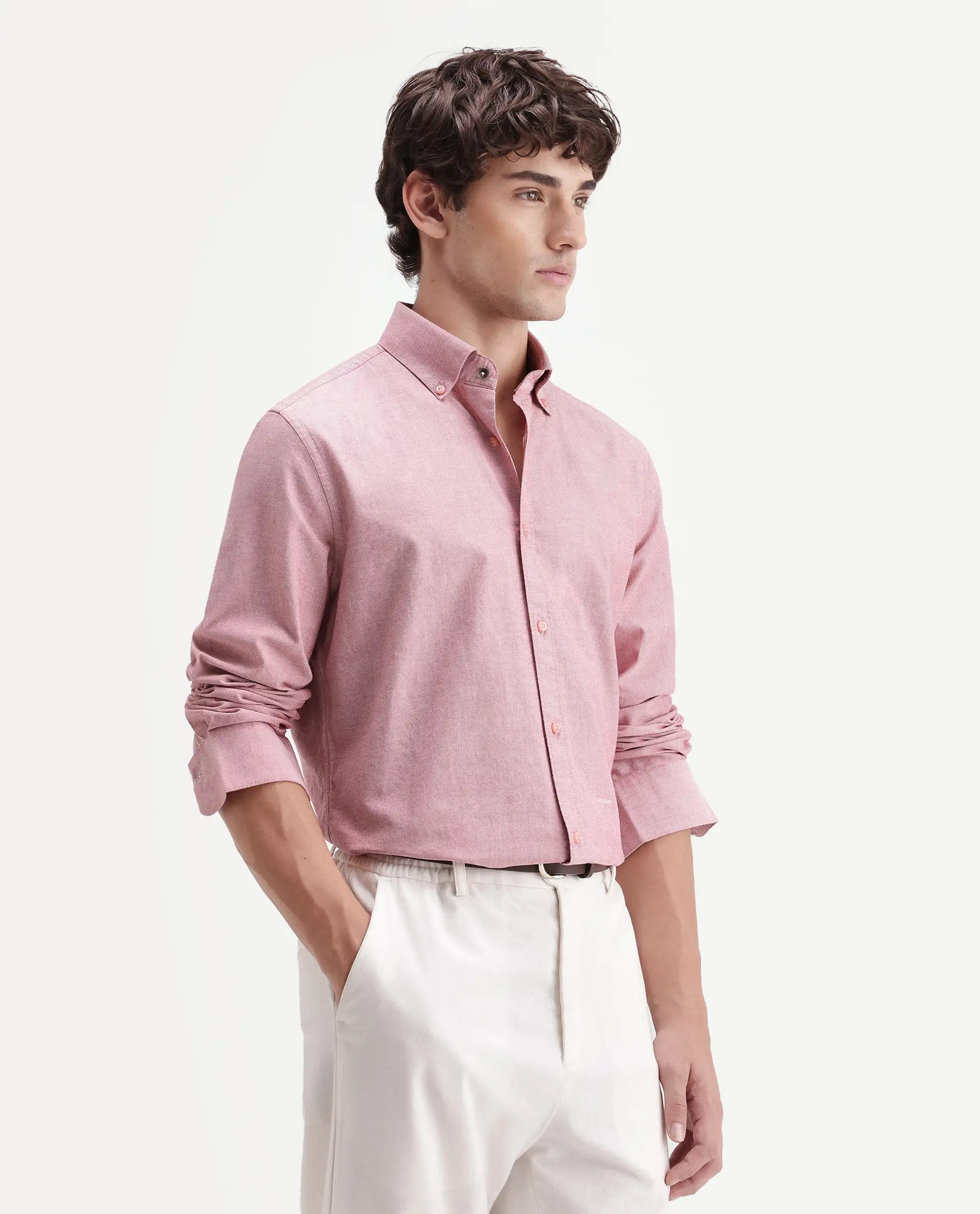 Rare Rabbit Men's Olise Red Cotton Button-Down Collar Regular Fit Plain Shirt - Image 5