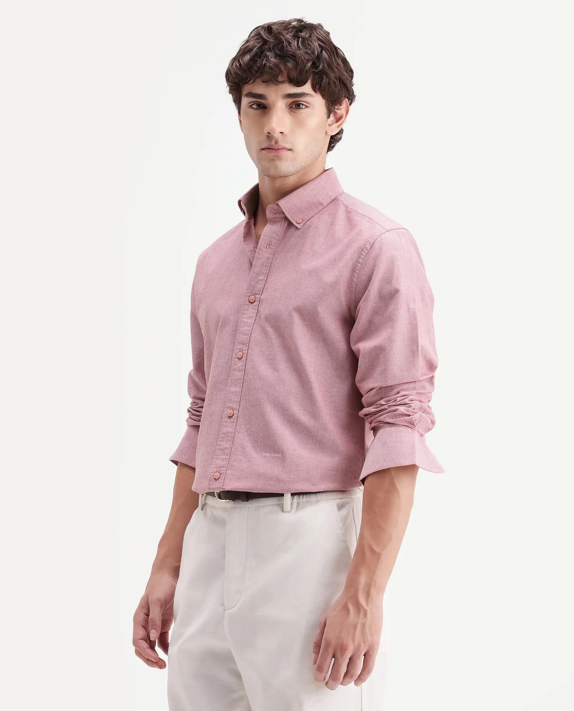 Rare Rabbit Men's Olise Red Cotton Button-Down Collar Regular Fit Plain Shirt - Image 6