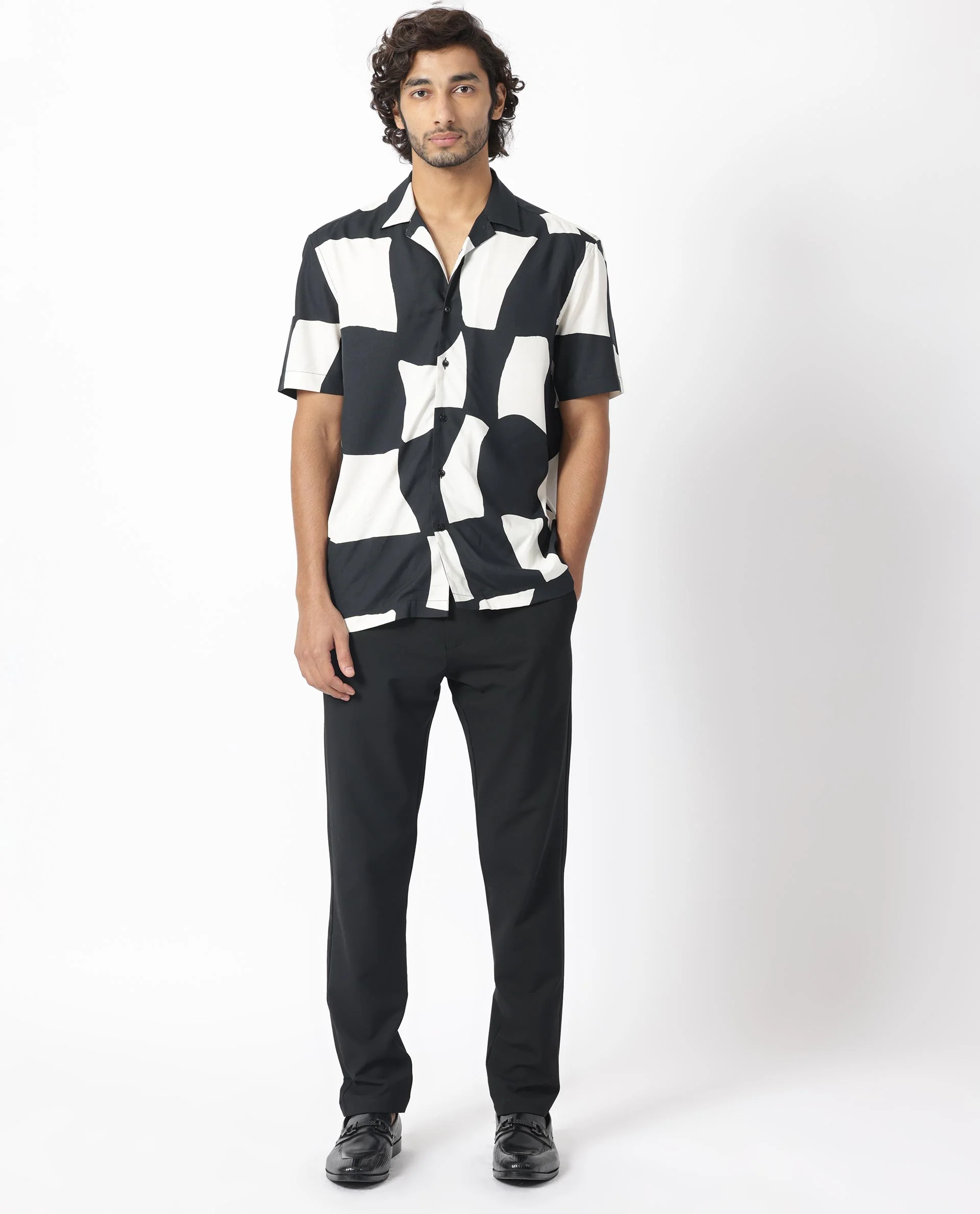 Rare Rabbit Men's Olivar Black Viscose Abstract Print Regular Fit Half Sleeve Cuban Collar Shirt - Image 2