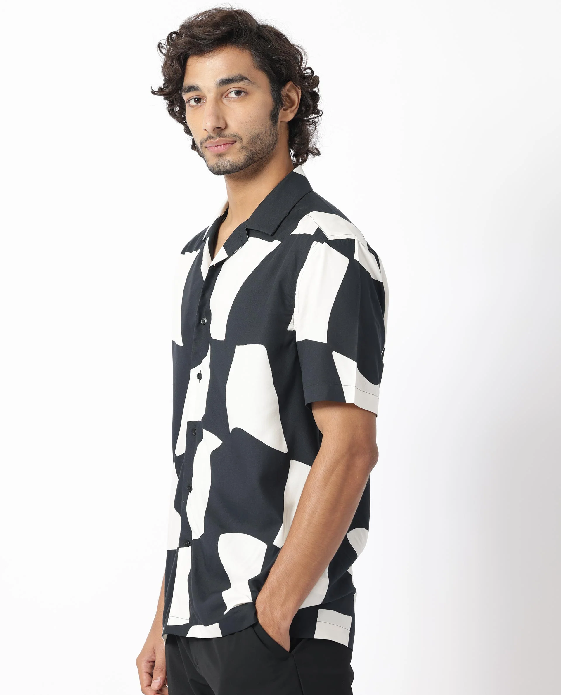 Rare Rabbit Men's Olivar Black Viscose Abstract Print Regular Fit Half Sleeve Cuban Collar Shirt - Image 3