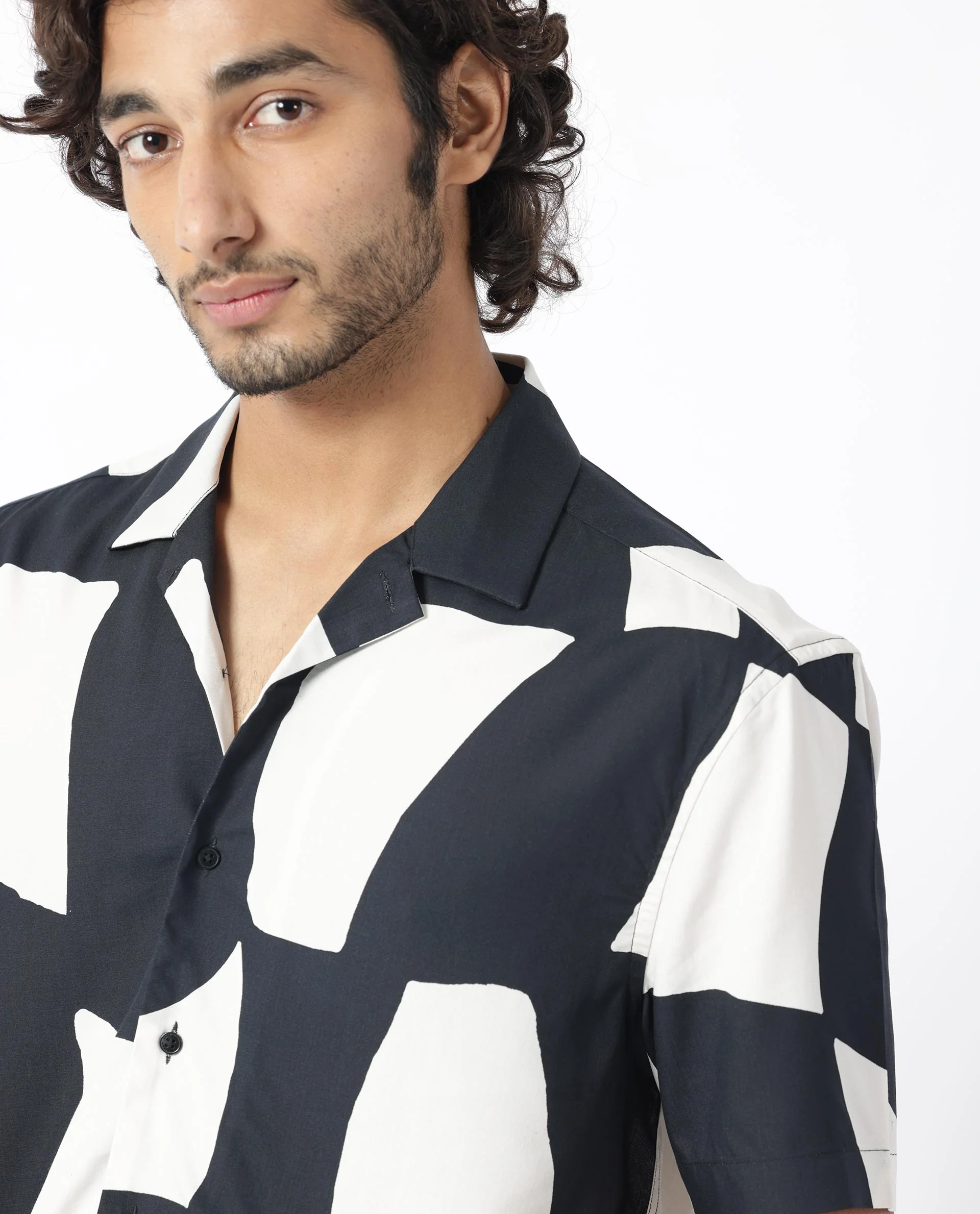 Rare Rabbit Men's Olivar Black Viscose Abstract Print Regular Fit Half Sleeve Cuban Collar Shirt - Image 4