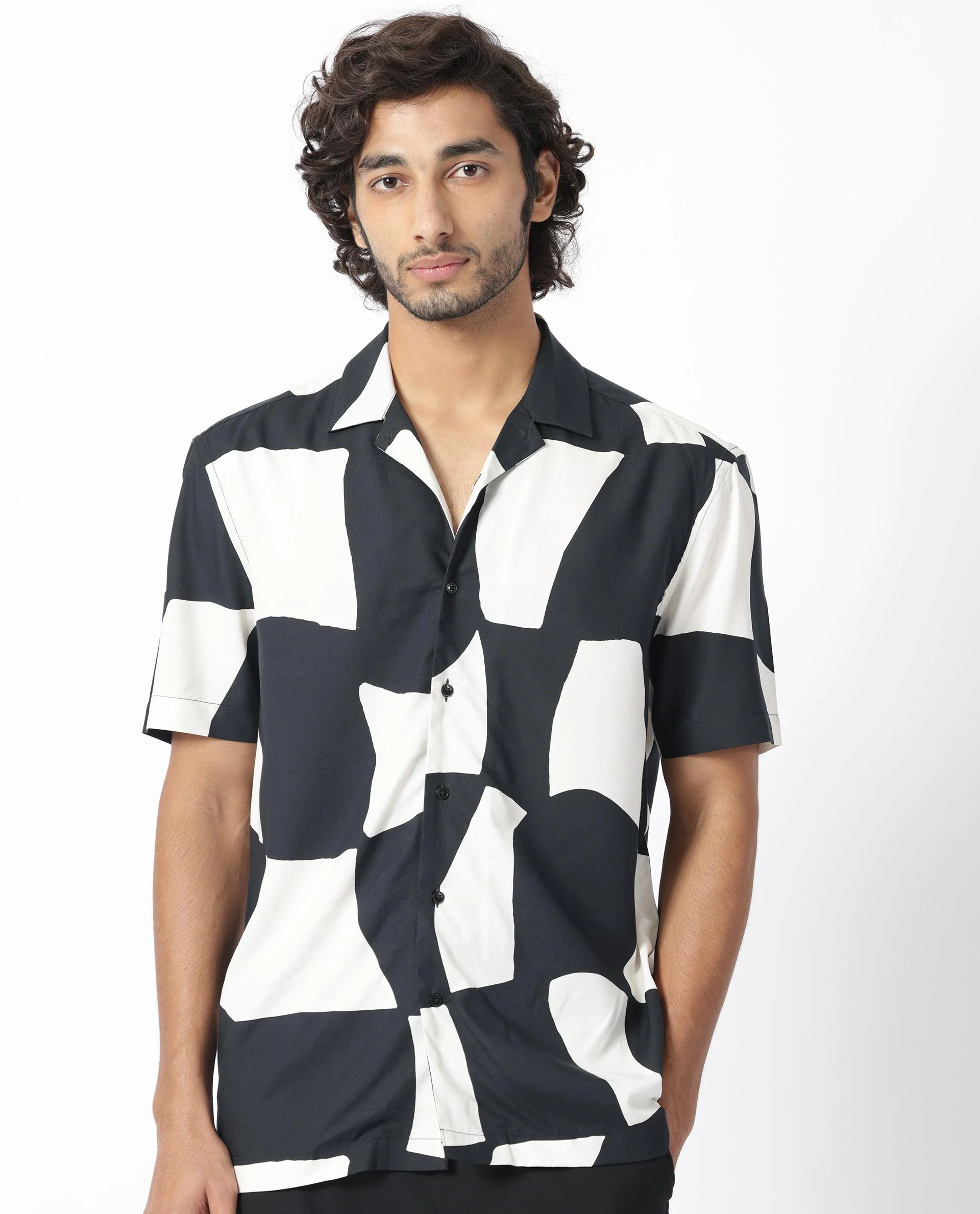 Rare Rabbit Men's Olivar Black Viscose Abstract Print Regular Fit Half Sleeve Cuban Collar Shirt - Image 5