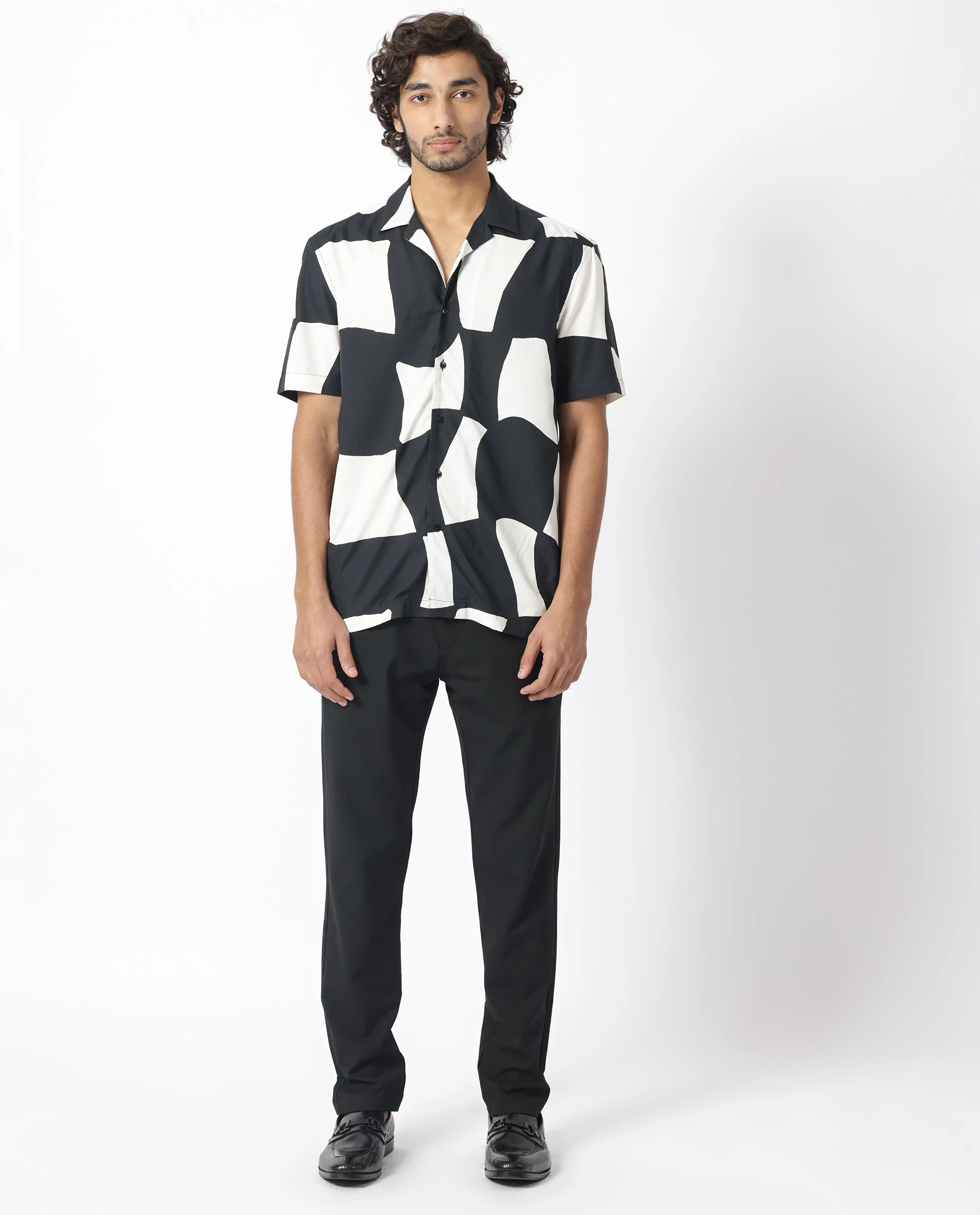 Rare Rabbit Men's Olivar Black Viscose Abstract Print Regular Fit Half Sleeve Cuban Collar Shirt - Image 6