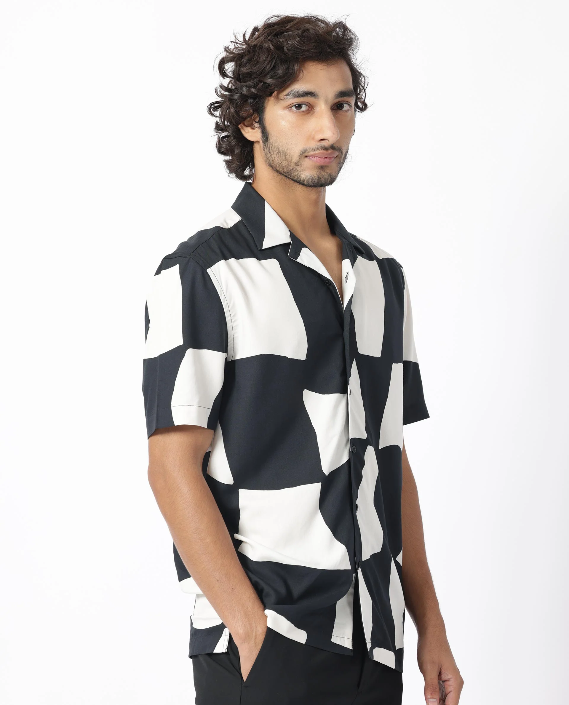 Rare Rabbit Men's Olivar Black Viscose Abstract Print Regular Fit Half Sleeve Cuban Collar Shirt - Image 7