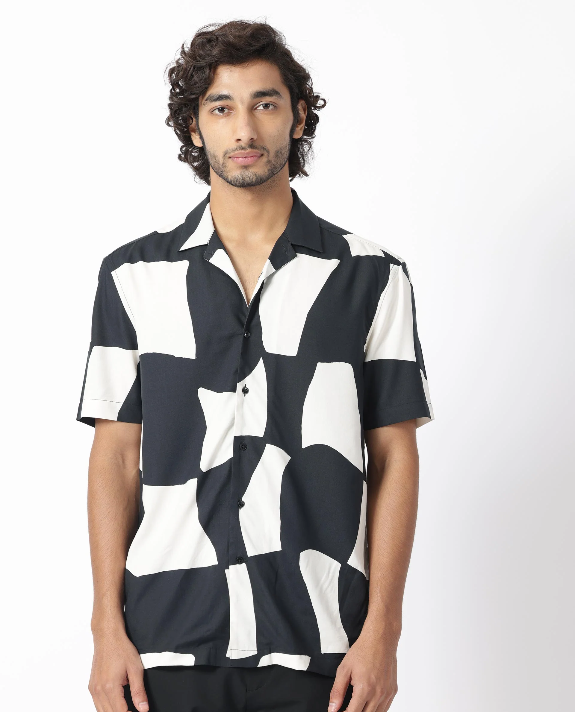 Rare Rabbit Men's Olivar Black Viscose Abstract Print Regular Fit Half Sleeve Cuban Collar Shirt - Image 8