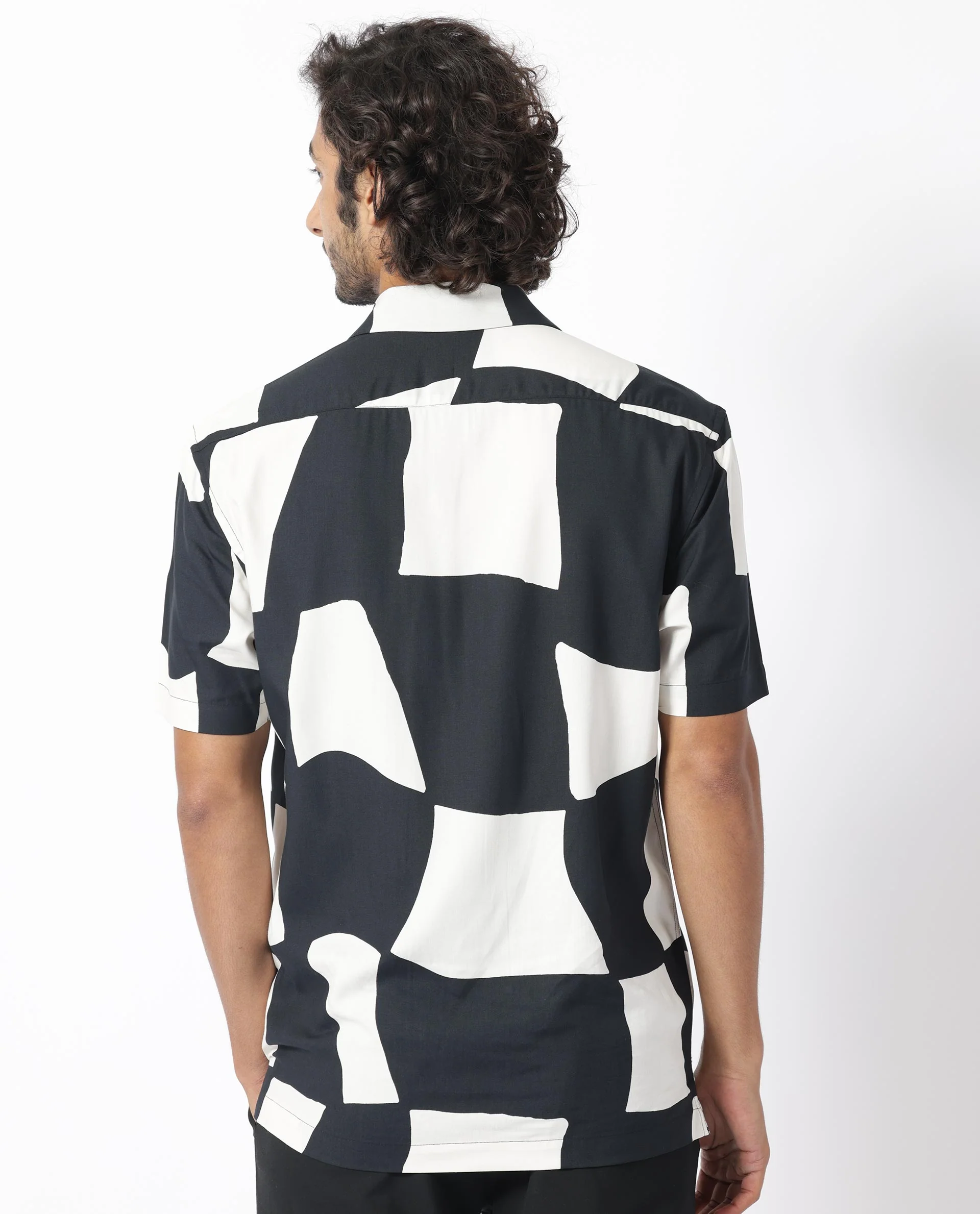 Rare Rabbit Men's Olivar Black Viscose Abstract Print Regular Fit Half Sleeve Cuban Collar Shirt - Image 9