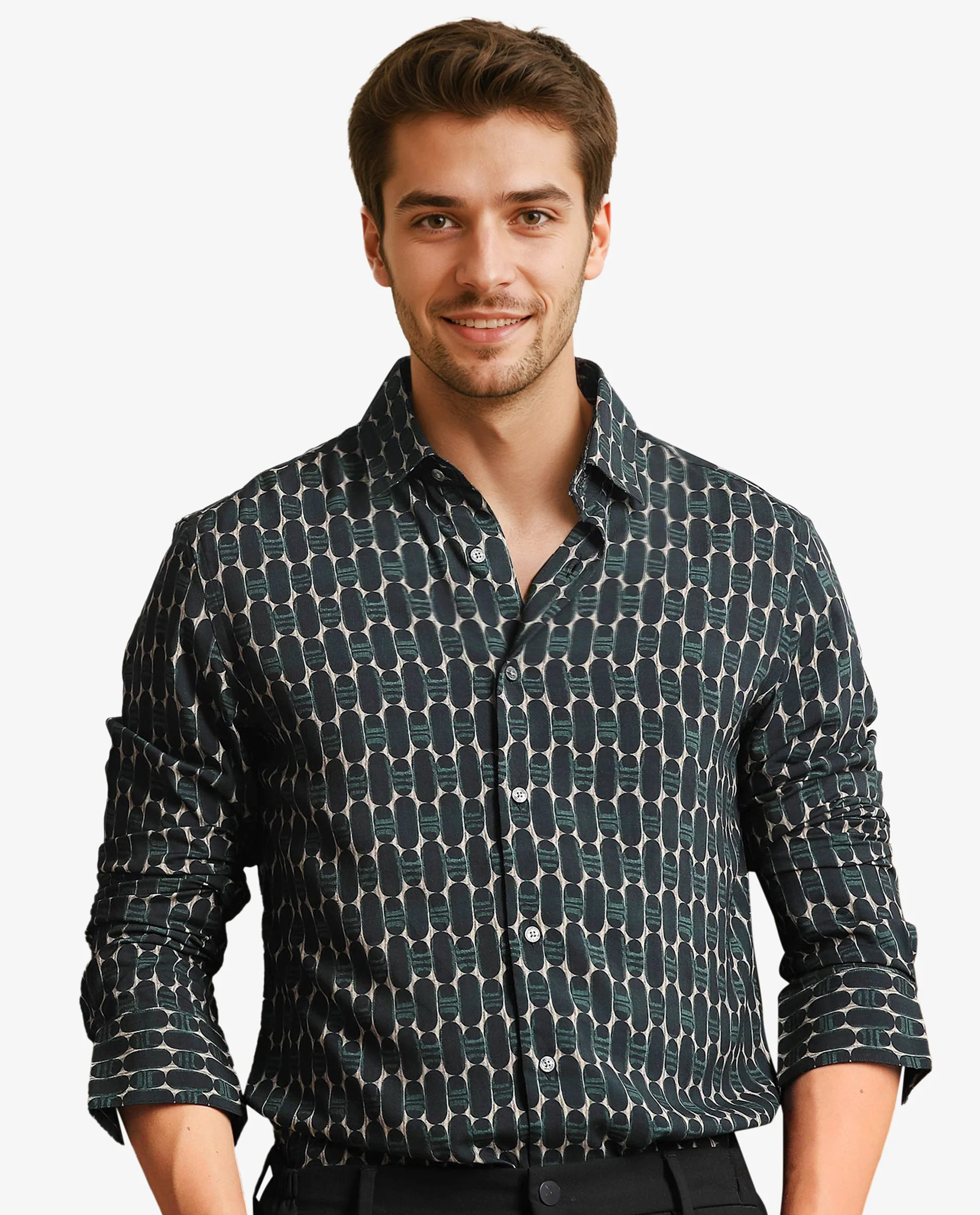Rare Rabbit Men's Oliver Green Viscose Geometric Print Regular Fit Full Sleeve Collared Shirt - Image 2
