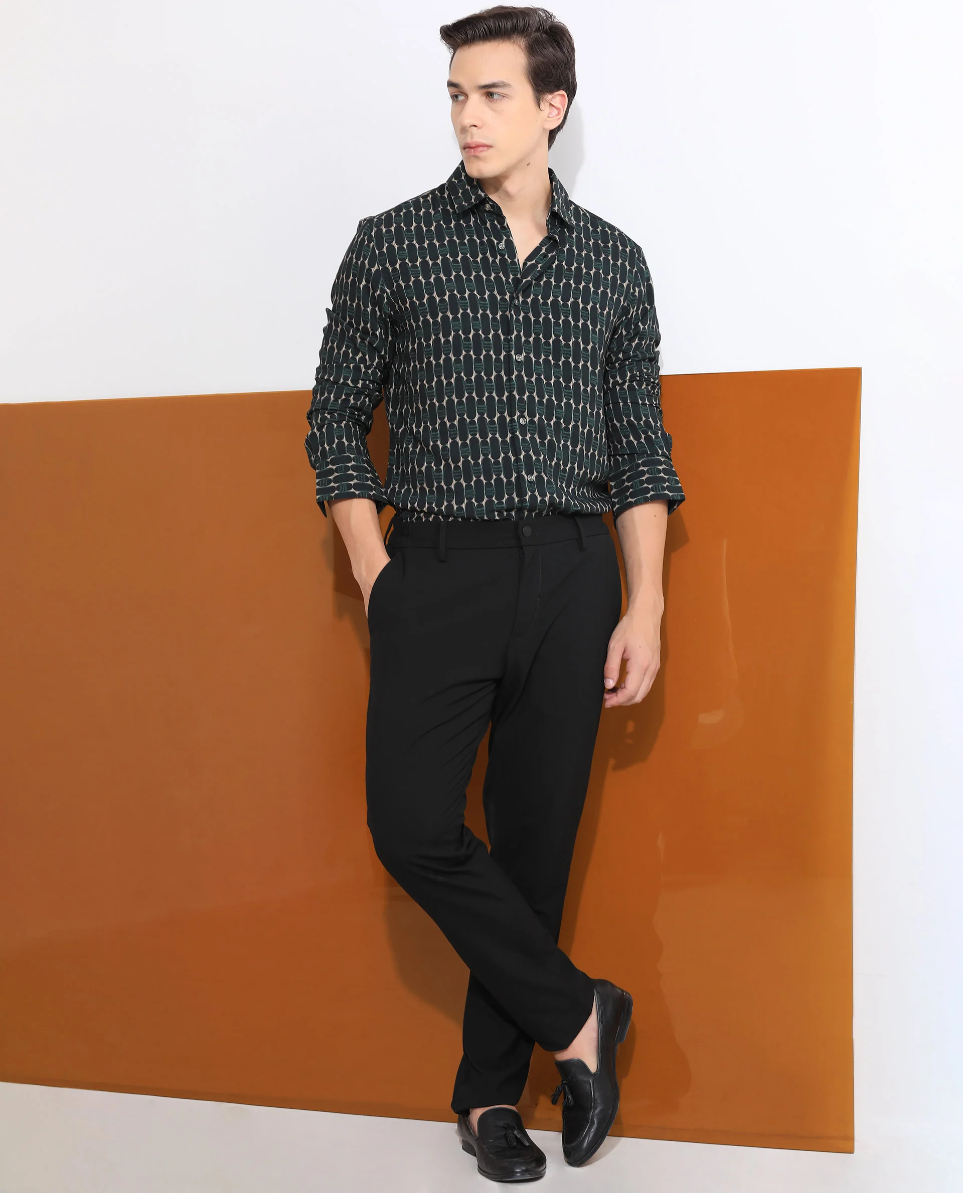 Rare Rabbit Men's Oliver Green Viscose Geometric Print Regular Fit Full Sleeve Collared Shirt - Image 3