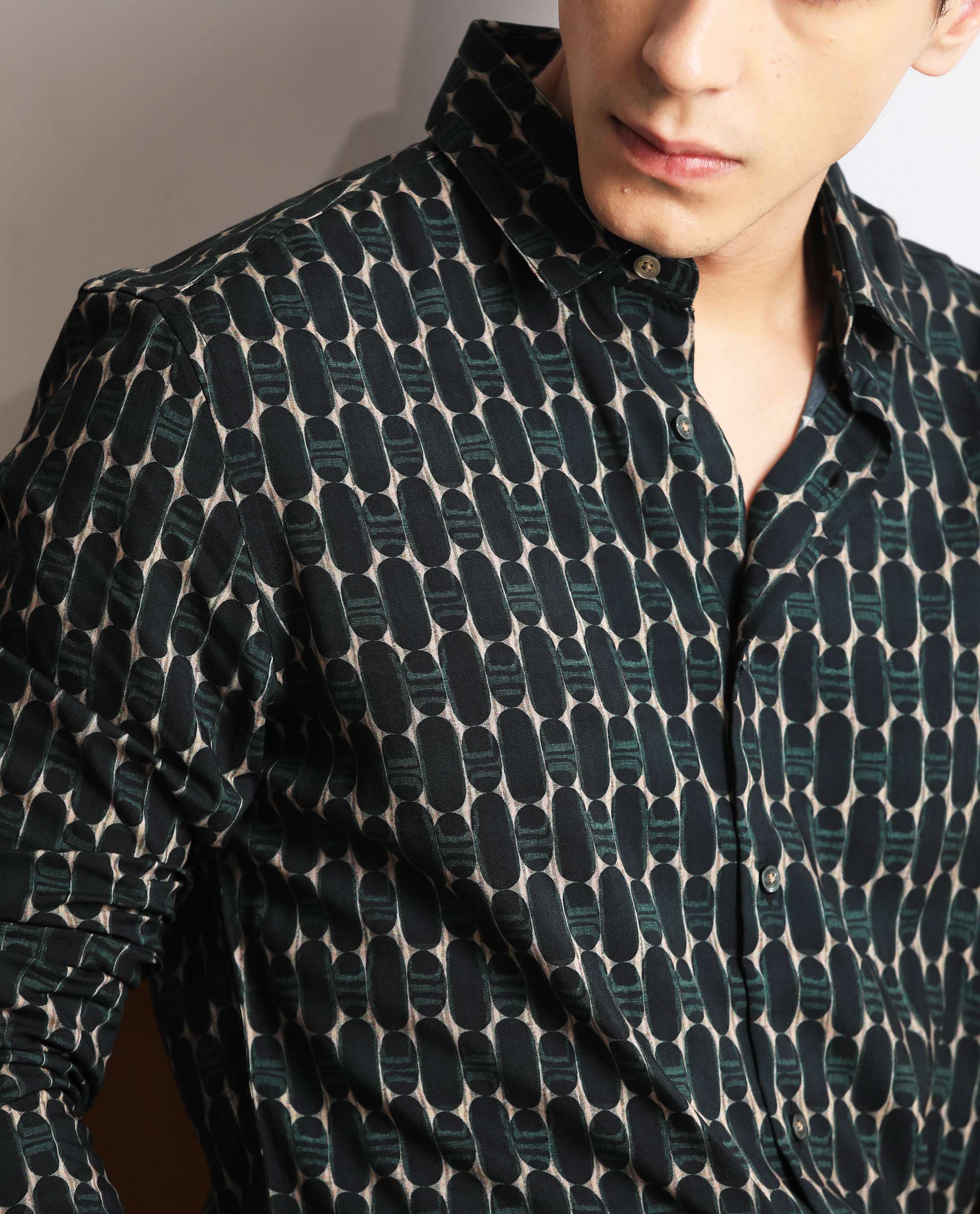 Rare Rabbit Men's Oliver Green Viscose Geometric Print Regular Fit Full Sleeve Collared Shirt - Image 4