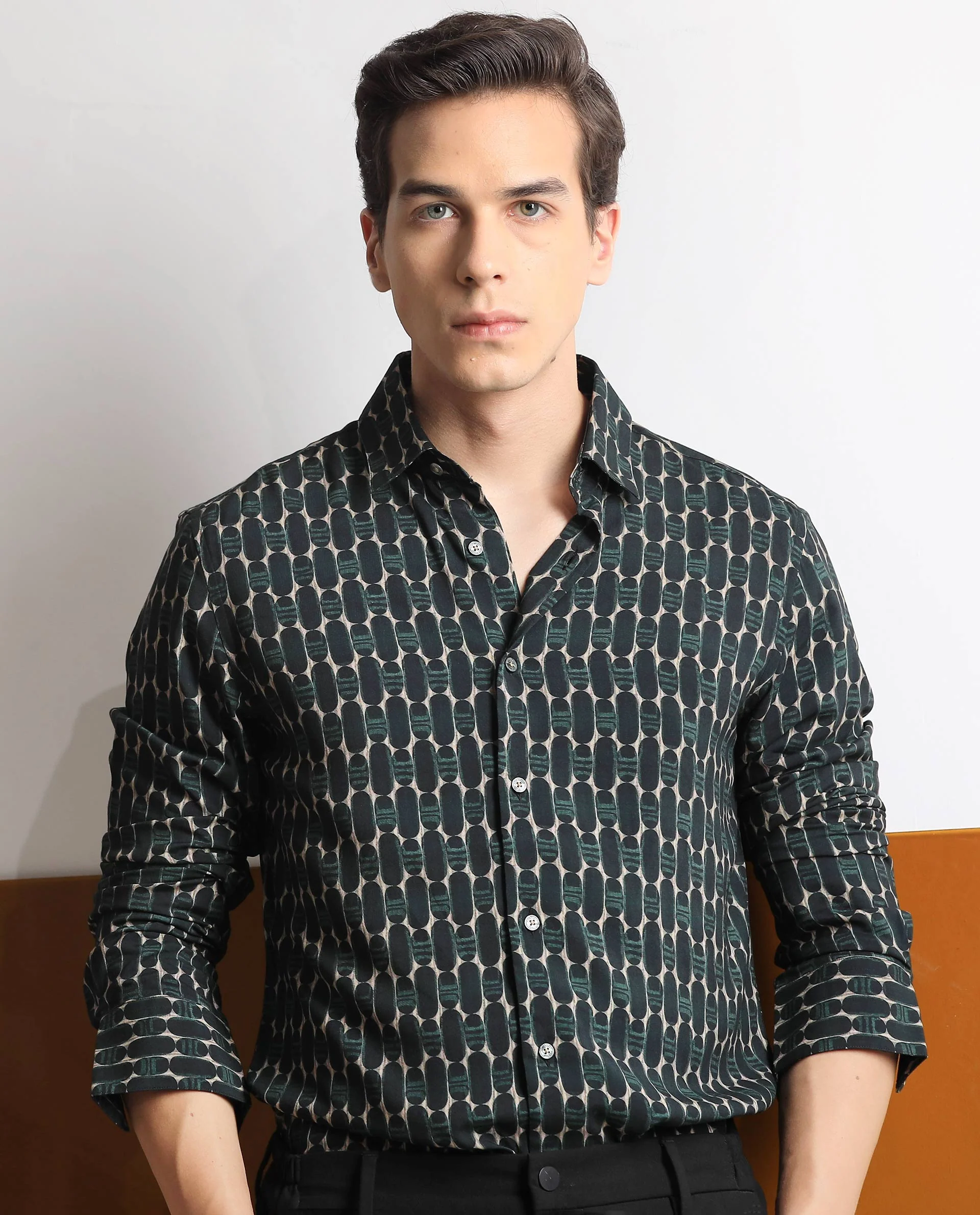 Rare Rabbit Men's Oliver Green Viscose Geometric Print Regular Fit Full Sleeve Collared Shirt - Image 7