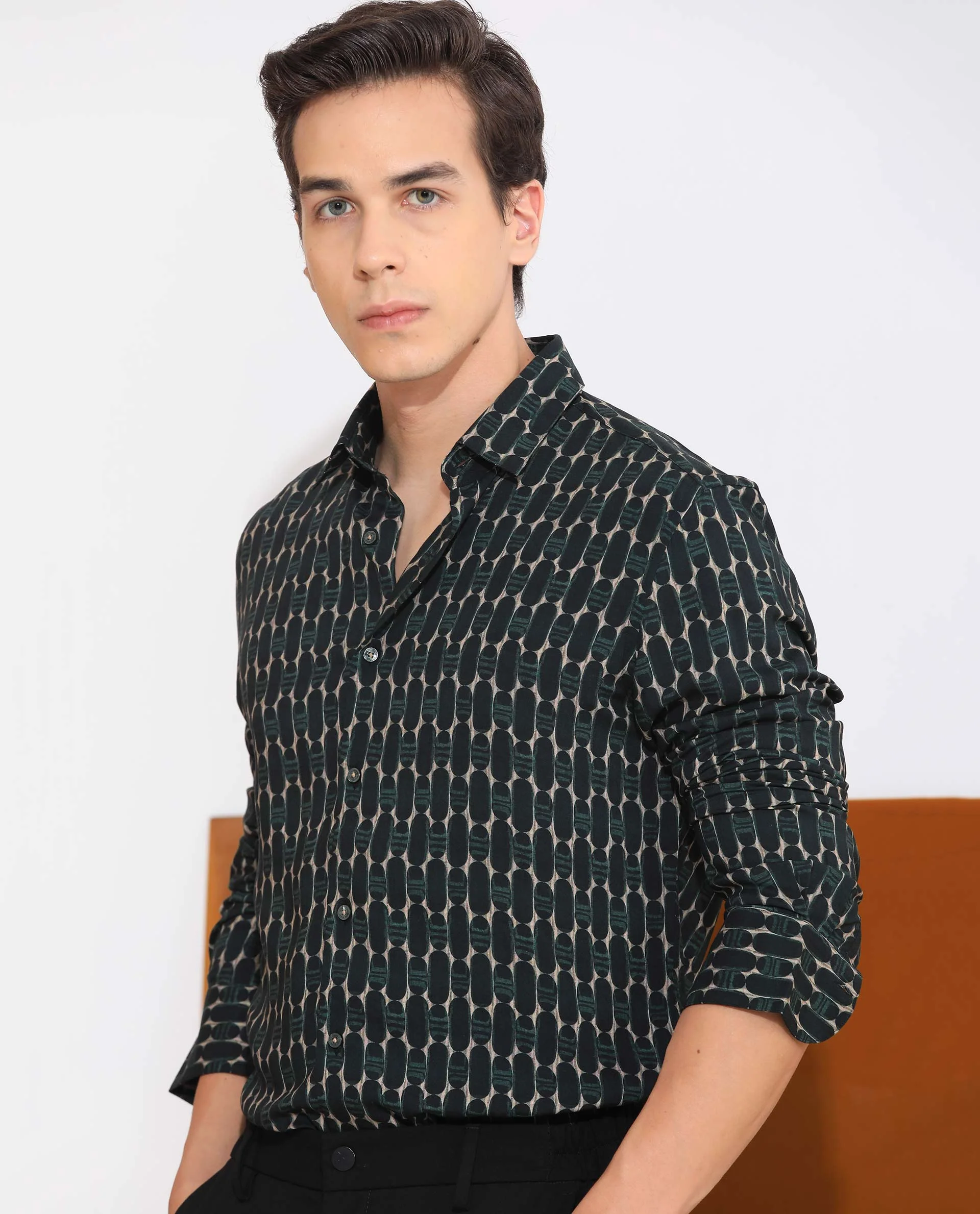 Rare Rabbit Men's Oliver Green Viscose Geometric Print Regular Fit Full Sleeve Collared Shirt - Image 8