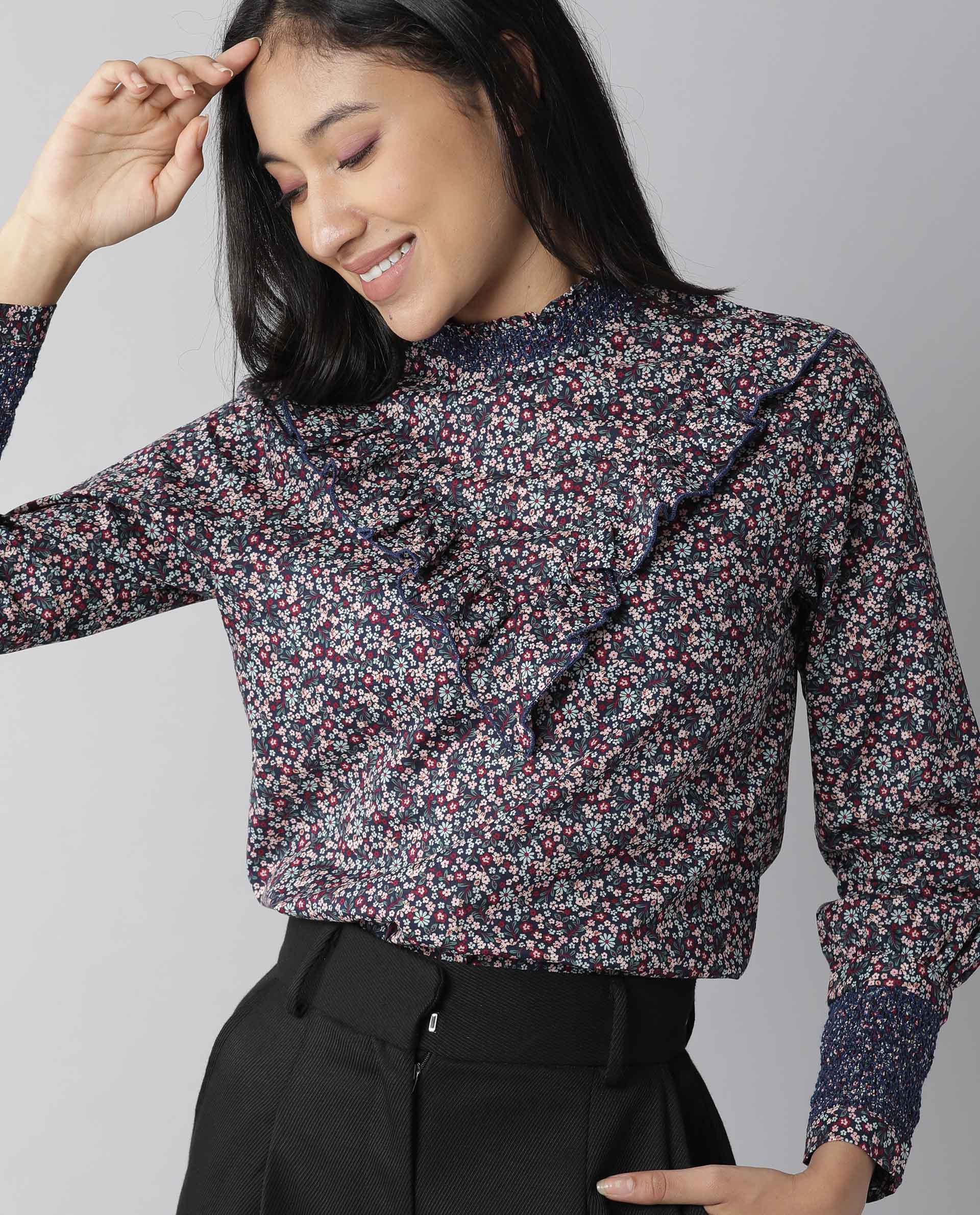 Rareism Women Oliver Navy Top Full Sleeves Printed