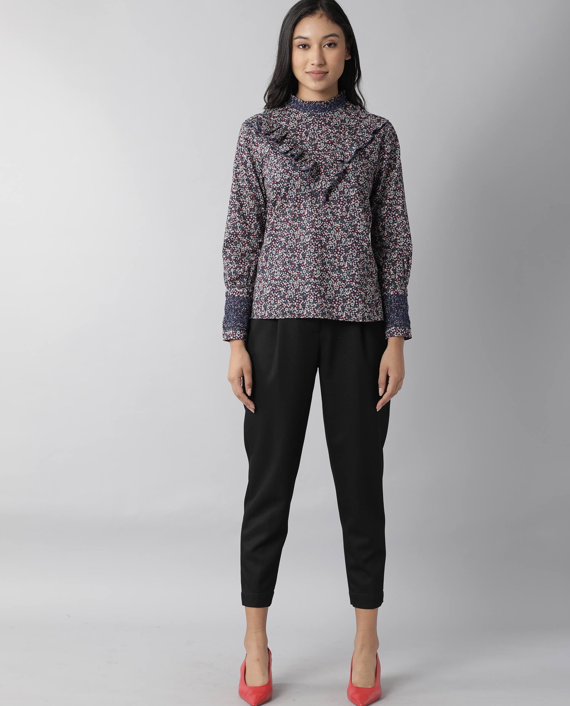 Rareism Women Oliver Navy Top Full Sleeves Printed - Image 3