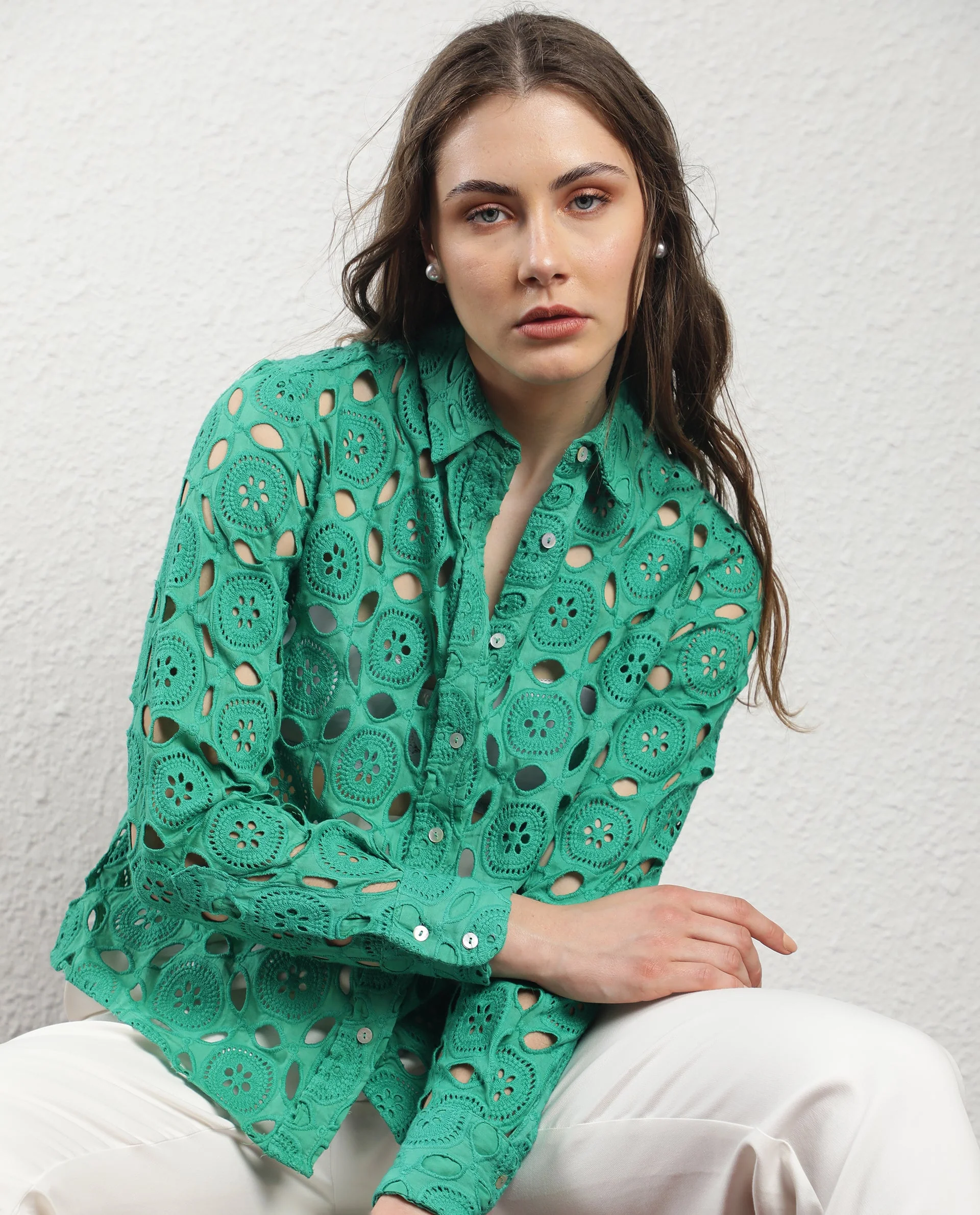 Rareism Women's Olivia Green Spread Collar Schiffli Knee Length Regular Fit Top - Image 3