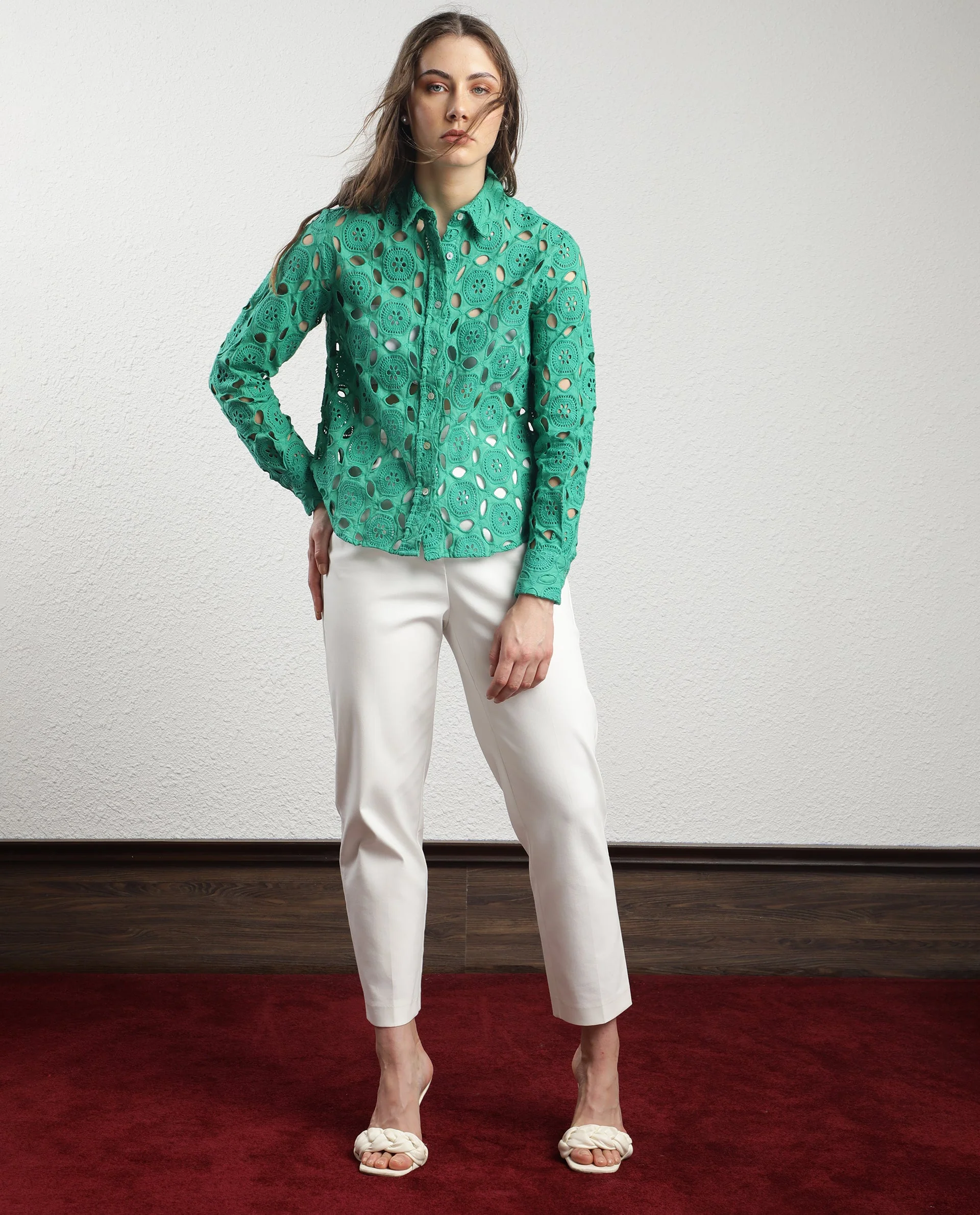 Rareism Women's Olivia Green Spread Collar Schiffli Knee Length Regular Fit Top - Image 4
