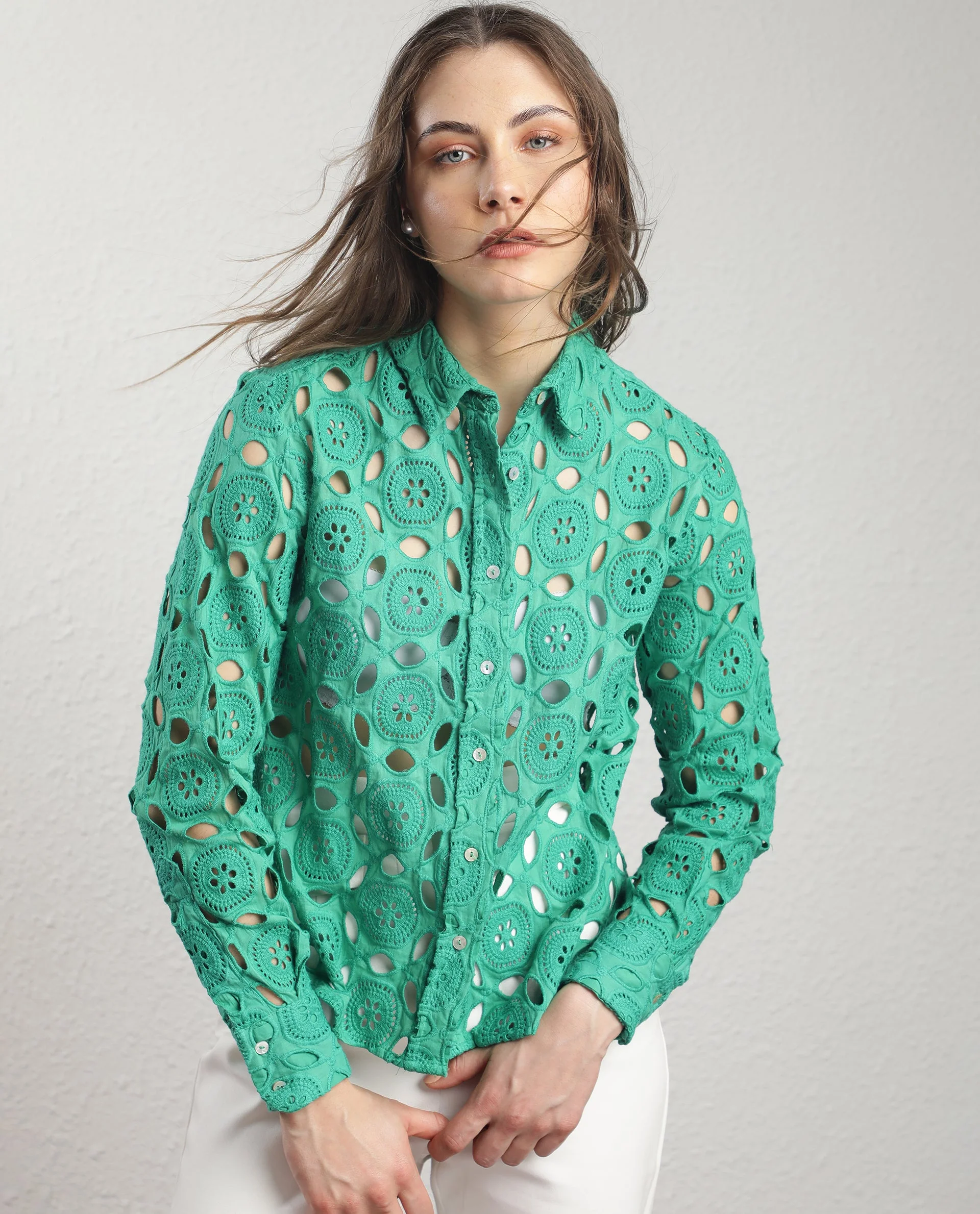 Rareism Women's Olivia Green Spread Collar Schiffli Knee Length Regular Fit Top - Image 5