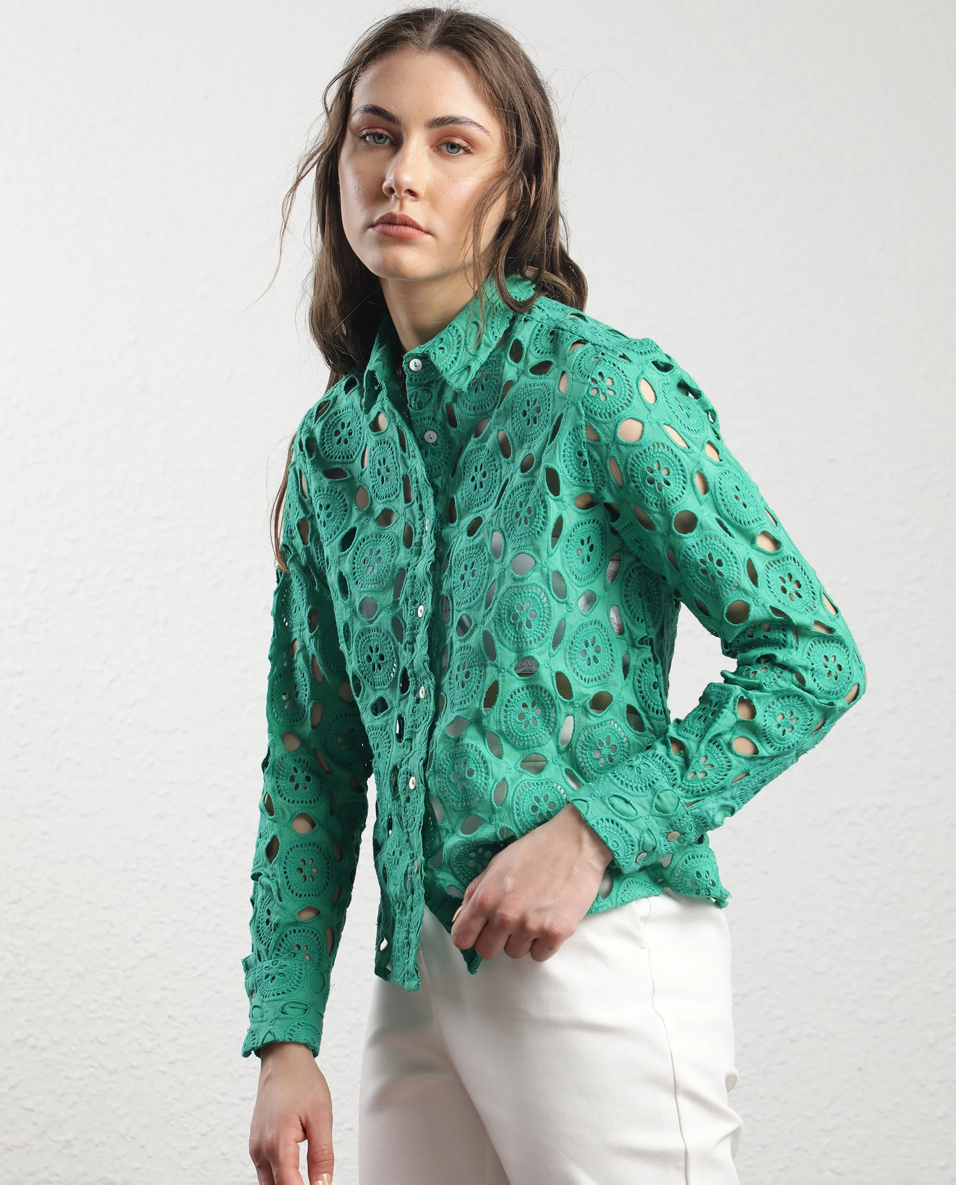 Rareism Women's Olivia Green Spread Collar Schiffli Knee Length Regular Fit Top - Image 6