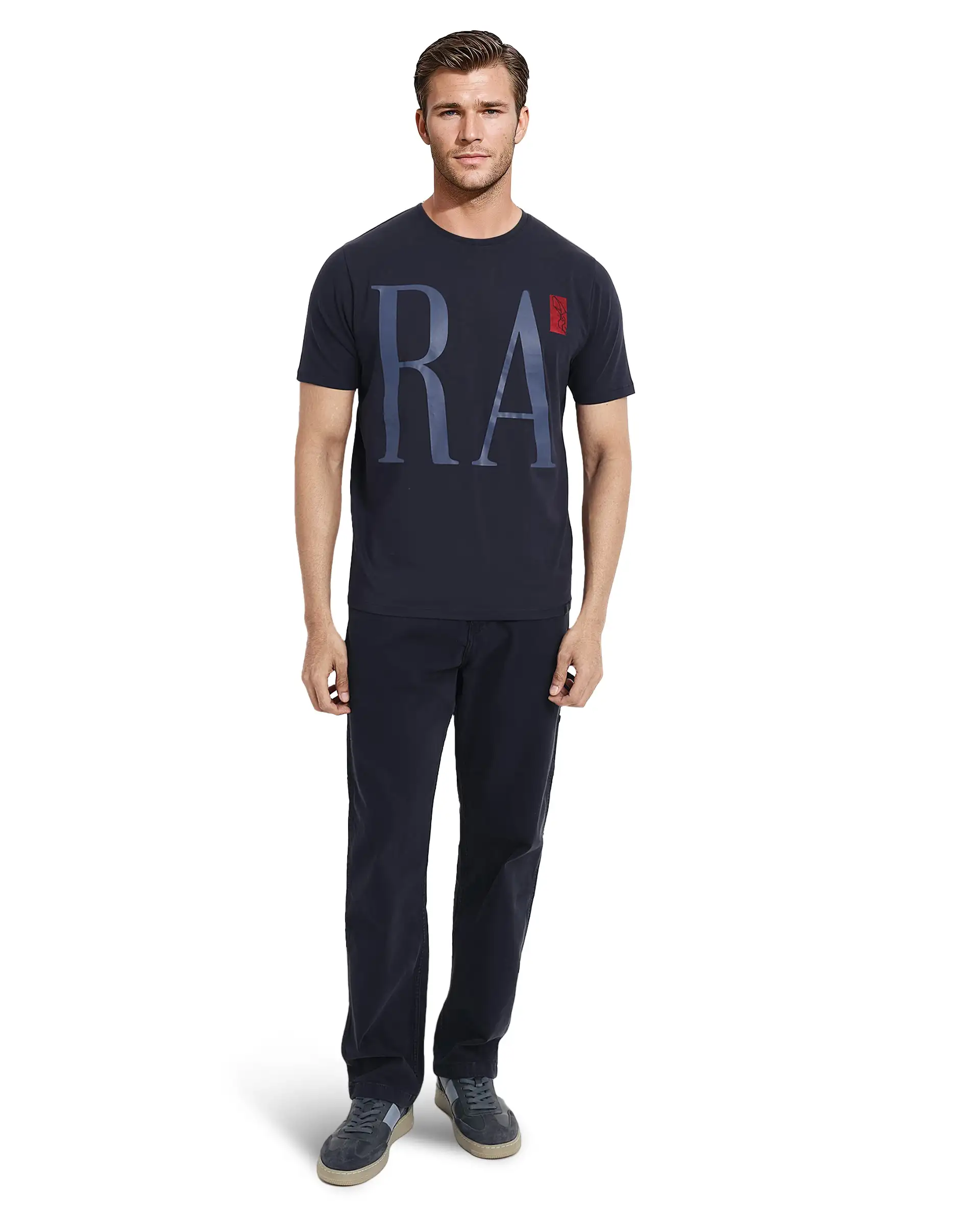 Rare Rabbit Men's Olivo Navy Cotton Graphic Print Regular Fit Half Sleeve Crew Neck T-Shirt - Image 2