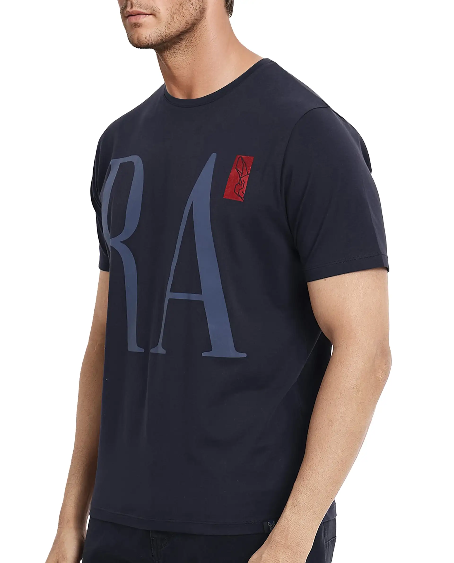 Rare Rabbit Men's Olivo Navy Cotton Graphic Print Regular Fit Half Sleeve Crew Neck T-Shirt - Image 3