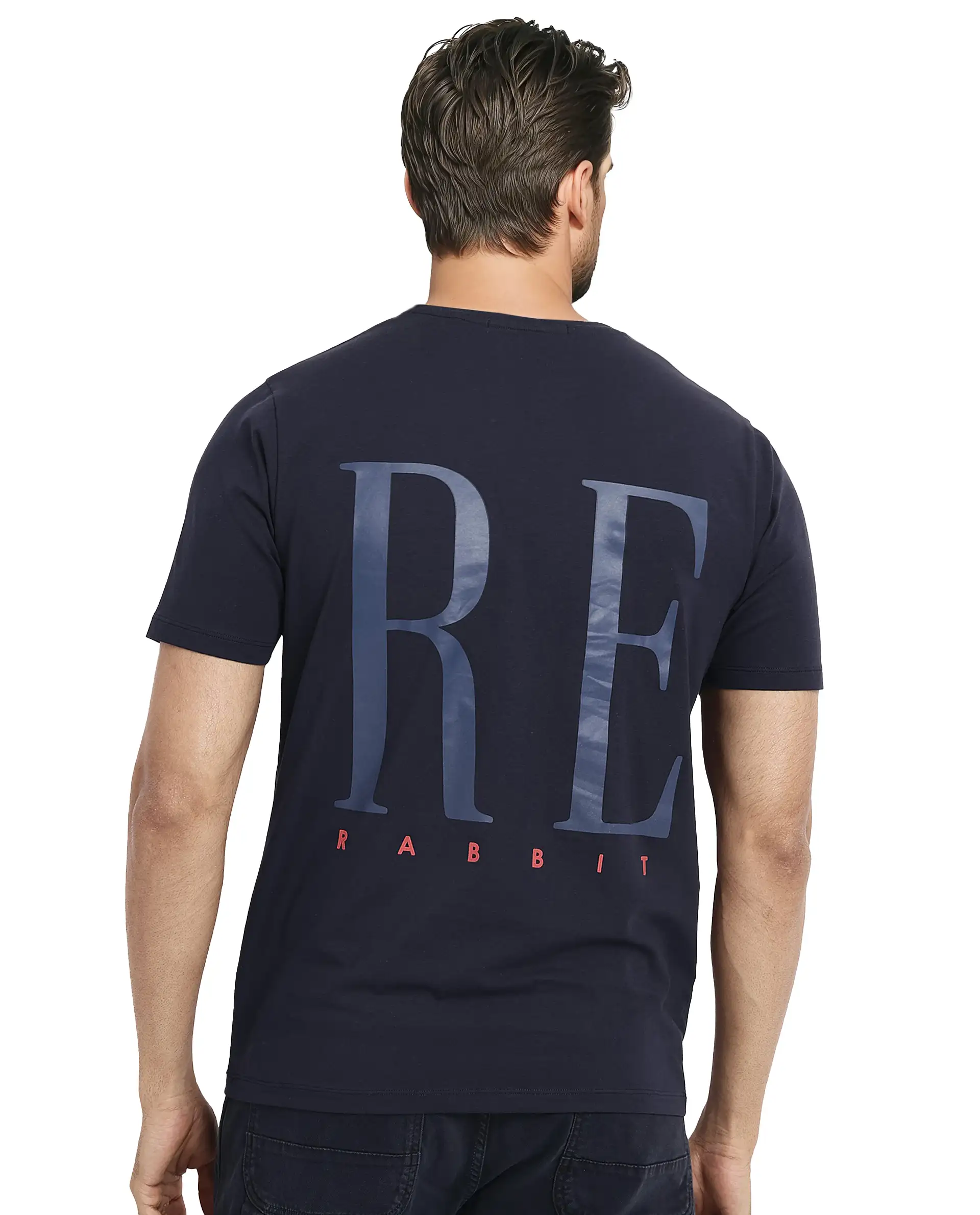 Rare Rabbit Men's Olivo Navy Cotton Graphic Print Regular Fit Half Sleeve Crew Neck T-Shirt - Image 4