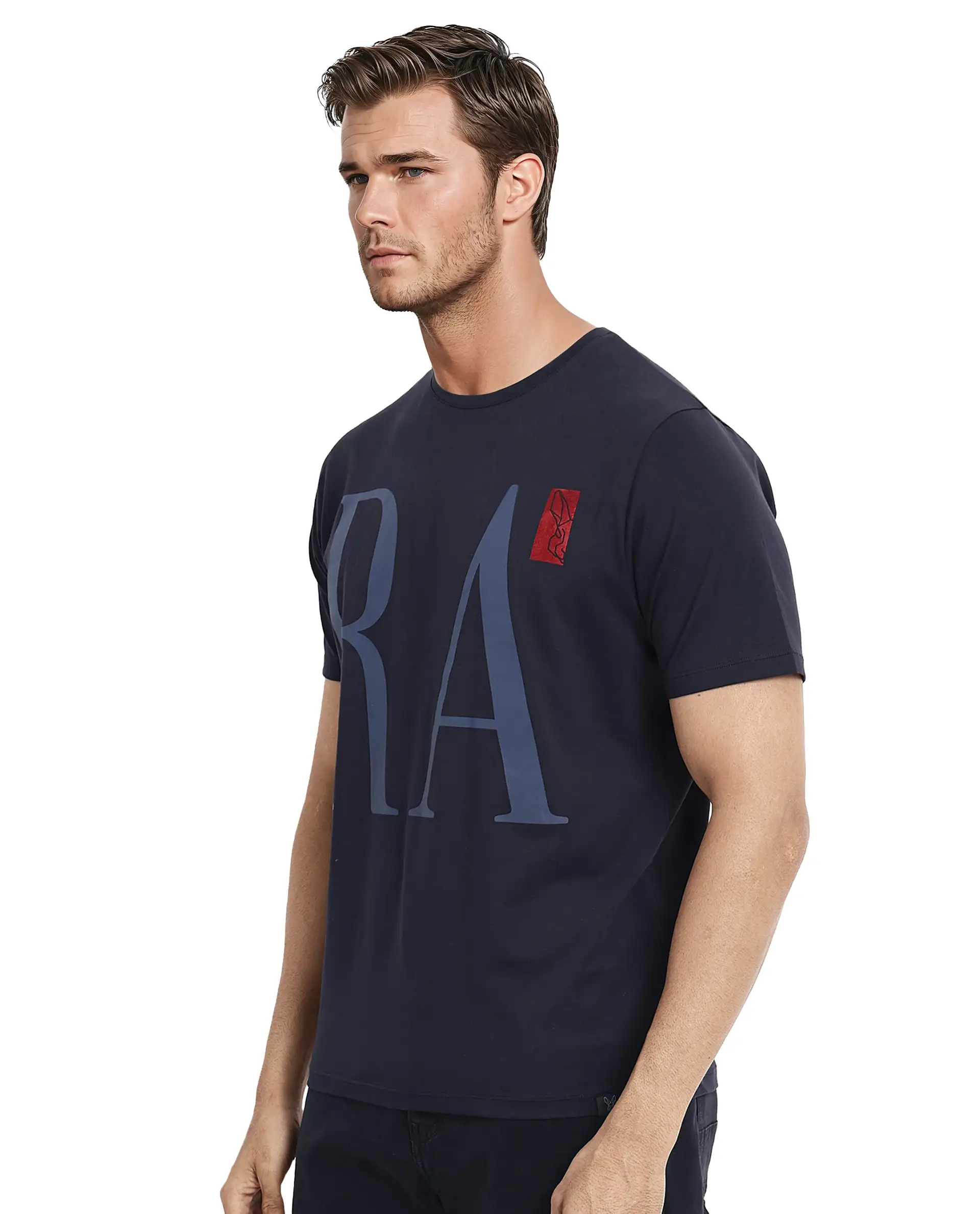 Rare Rabbit Men's Olivo Navy Cotton Graphic Print Regular Fit Half Sleeve Crew Neck T-Shirt - Image 5